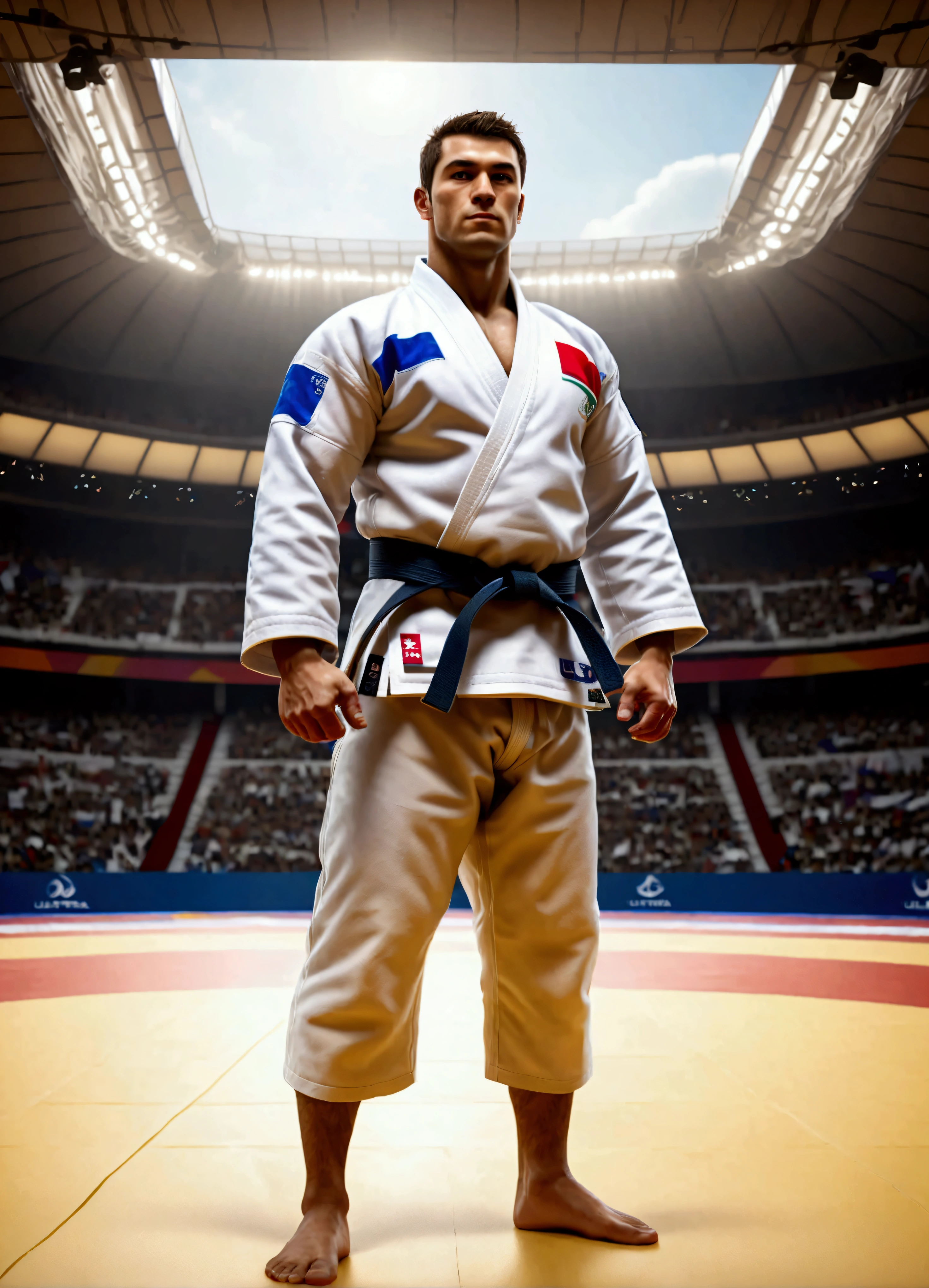 Athlete posing for a photo,Male judo player wearing judo uniform,The athlete is wearing a judo uniform,looks strong,dynamic pose,cool,muscle,whole body,Background inspired by Olympic match venues,In the background, you can see the spectator seats and the Olympic logo and flags that convey the atmosphere of the stadium.,(masterpiece:1.3),(highest quality:1.4),(ultra detailed:1.5),High resolution,extremely detailed,unity 8k wallpaper,anatomically correct,perfect anatomy,intricate details