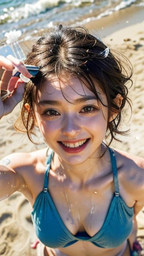 Highest quality, masterpiece, Ultra-high resolution,8k, (Realistic:1.6), (Facing portraits) RAW Photos, 1 girl,((Portrait of a woman taking a shower on the beach:1.4)),((Shower splashes,Hair is also wet)),((Full of smiles, Showing teeth)), 22 years old,((Belly button fashion)),((Chibi T-shirt,bikini)),((short hair)),((Looking up at the audience)),Face Focus:1.4,((Shooting from above:1.4)),((Cold shower)), Image Media Chest)),((Smiling with teeth showing)),