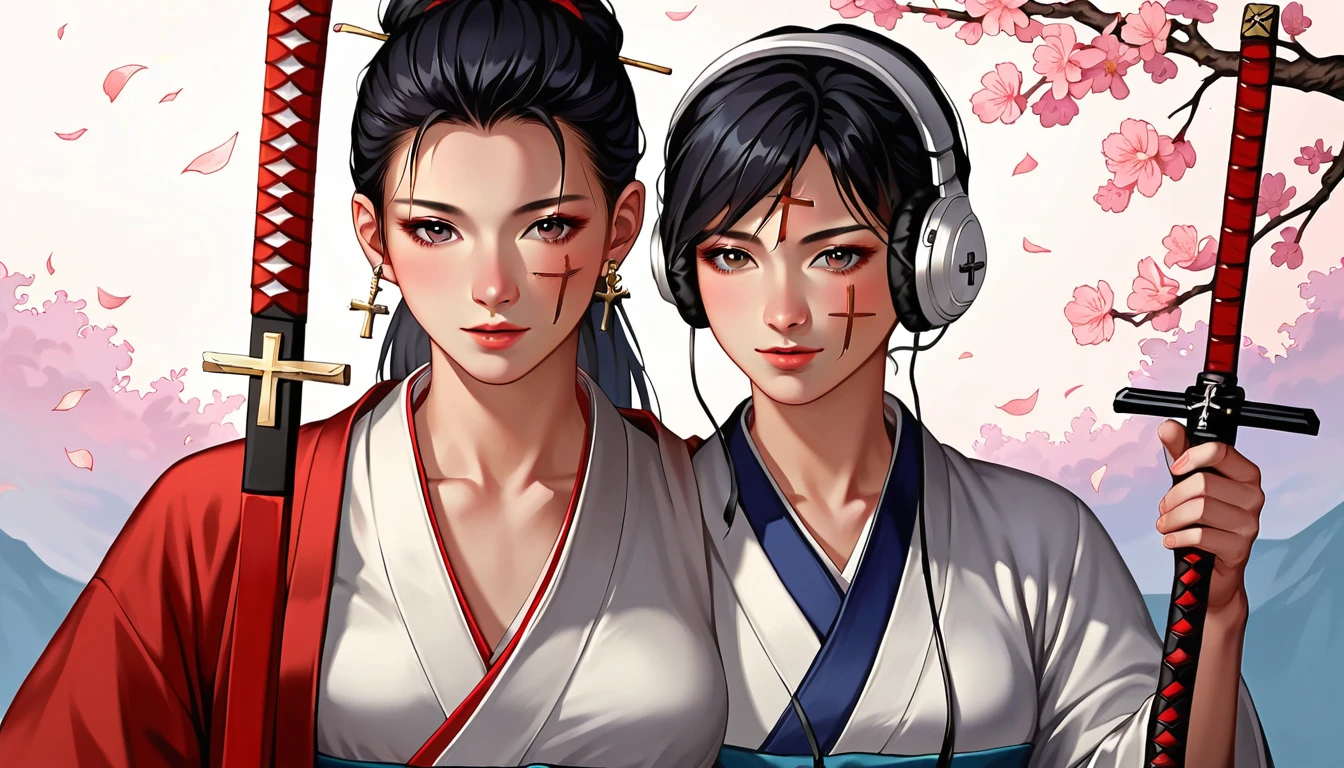 Ink Painting, (((1 person))), (((Cross wound on the face))), ((())), Japanese style headphones, Japanese sword, beautiful girl, Black Hair, Delicate and precise, Modern ukiyo-e style, Female Samurai