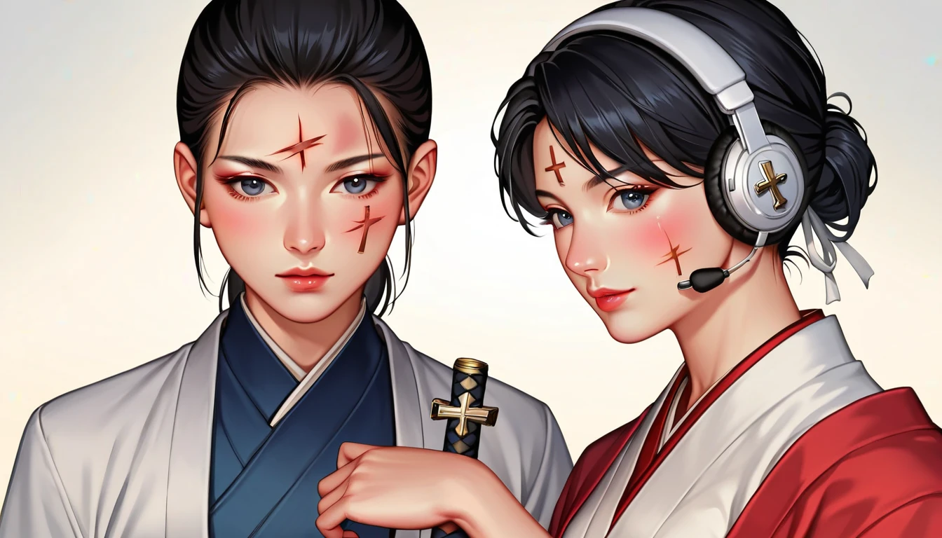 Ink Painting, (((1 person))), (((Cross wound on the face))), ((())), Japanese style headphones, Japanese sword, beautiful girl, Black Hair, Delicate and precise, Modern ukiyo-e style, Female Samurai