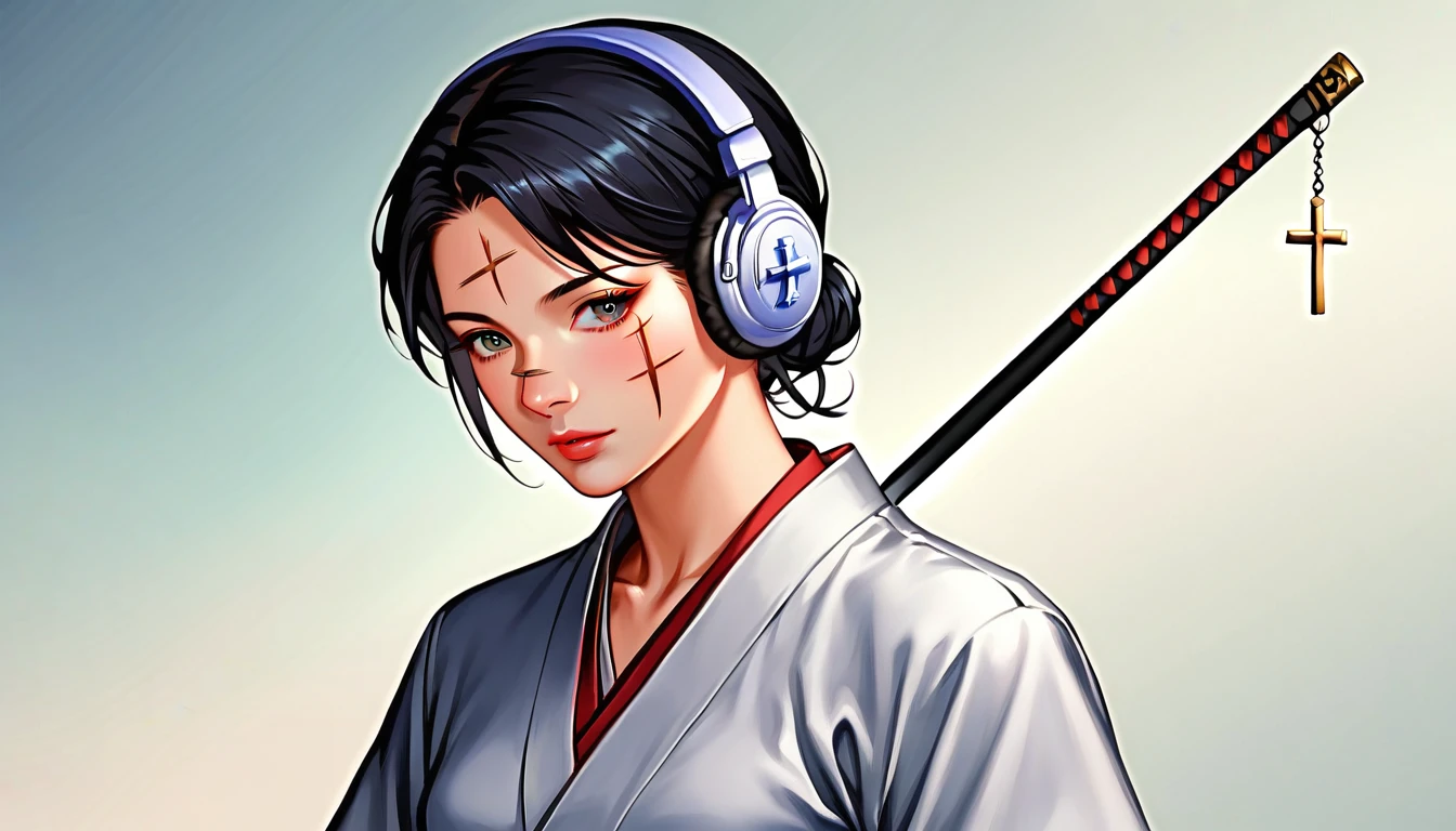 Ink Painting, (((1 person))), (((Cross wound on the face))), ((())), Japanese style headphones, Japanese sword, beautiful girl, Black Hair, Delicate and precise, Modern ukiyo-e style, Female Samurai