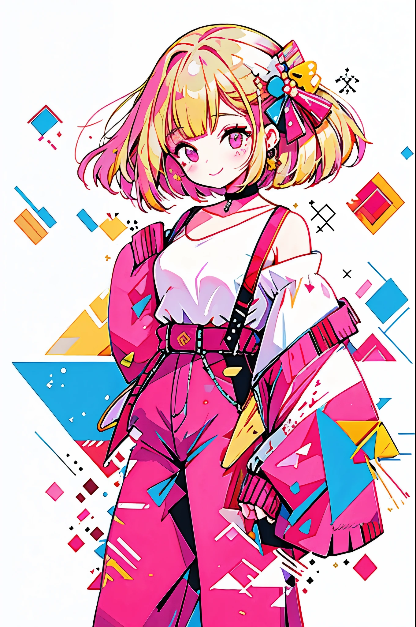 BREAK High Quality,smile,woman,woman1人,adult,cute,Medium bob hair,wavy hair,
Blonde Hair,Pink eyes, Off-the-shoulder blouse,
Short Jeans Pants,Piercing,White choker,BREAK Touching cheek with hand,Background white,BREAK
smile,Sparkling eyes,