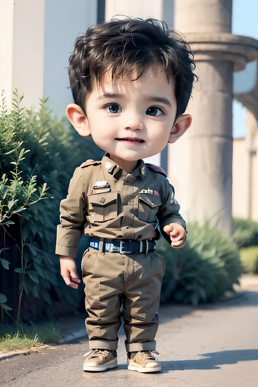 A  dressed in a Thai police uniform, striking a cute pose. The background is a police station with the building and police cars, creating a charming and authentic scene,(full body:1.2), outdoors