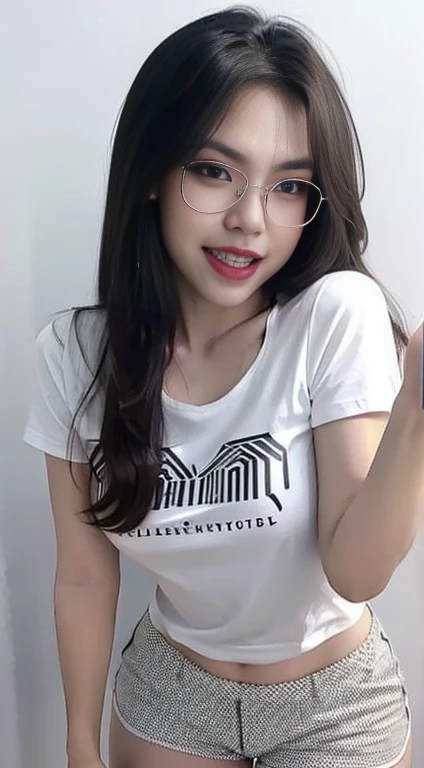 (best quality, masterpiece:1.2), white background, realistic, (casual date outfit: 1.2), (patterned t-shirt: 1.2), (shorts: 1.2), (brown hair:1.2), big eyes, beautiful woman, smile, eyelashes, highly detailed face, fierce look, angry look, looks like a naughty celebrity but is a good girl, virgin girl, inexperienced virgin girl, full body, (slanted angry eyebrows: 1.6), (discrete sex appeal: 1.2), (big smile: 1.2), (open mouth smile: 1.2), (happy: 1.2), (kind face: 1.2), (genuine smile: 1.2), (genuine smiling eyes: 1.2), extremely kind girl, self conscious about eyebrows
