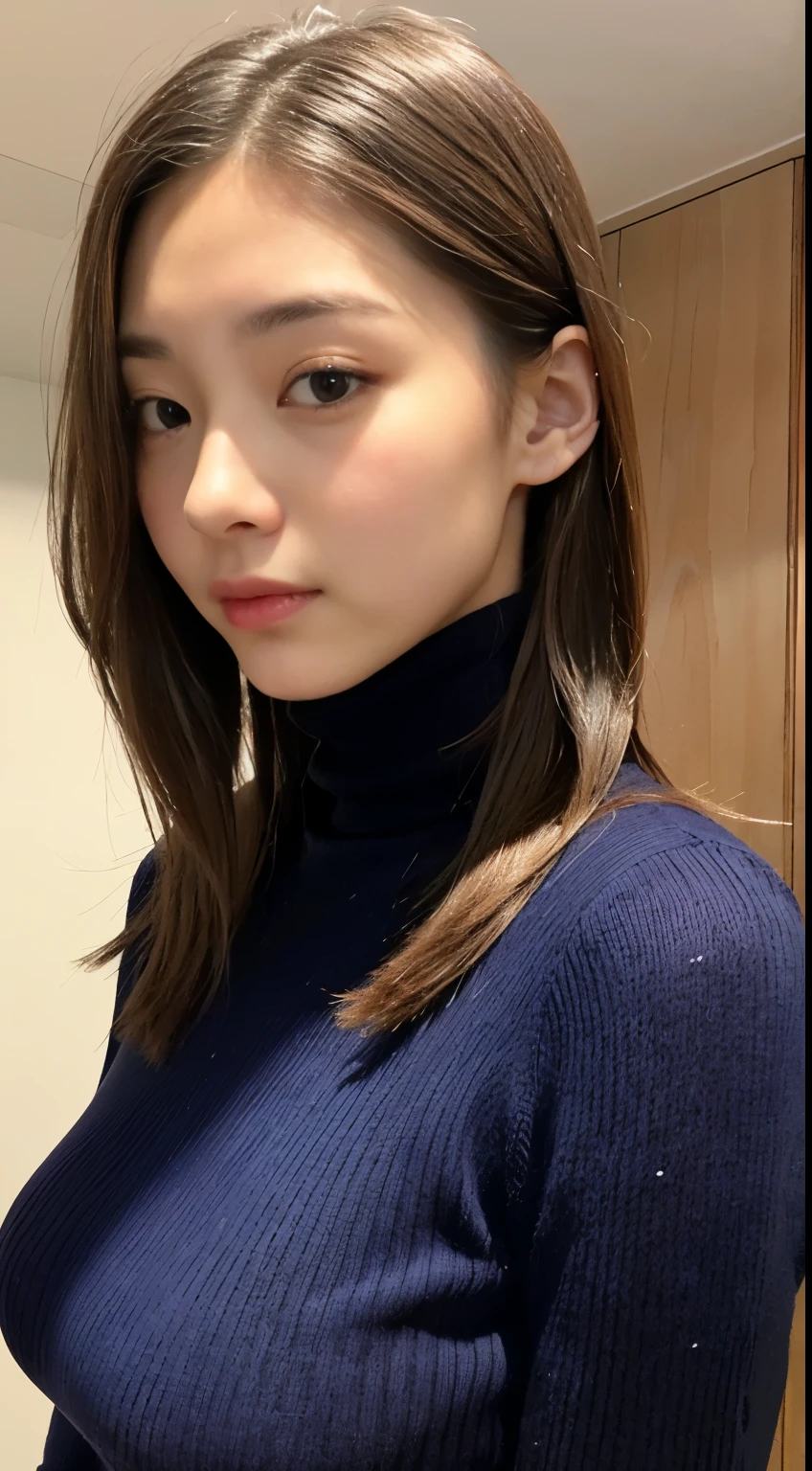 Detailed face、Detailed eyes、Detailed mouth、Detailed nose、(turtleneck、No sleeve、Very tight knit:1.3)、(Shooting from the side:1.2)、Very cute girl、beautiful girl、Big Breasts、Cute Japanese Woman、17 years old、high school girl、Young girl