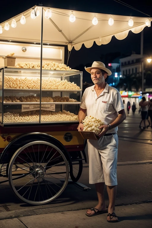Popcorn cart in Recife Square, Pernambuco Brazil, with a 45-year-old white male popcorn vendor selling the featured popcorn
