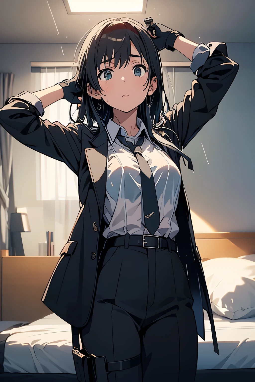 1 female, , high quality, masterpiece, Ultra-high resolution, , Cinema Lighting, , , And the suspenders with the cranes flying Large Breasts Small face holster Lying in bed Looking up Sweat belt summer 脇Sweat Black Hole Gloves suit shirt Black jacket Black trousers Leg Links ズボンにbelt holster Hands behind your back Anxious expression Looking up Anxious face, legs apart Armament Handgun handcuffs Cable ties レッグholster holster See-through clothing heavy rain Getting wet in the rain