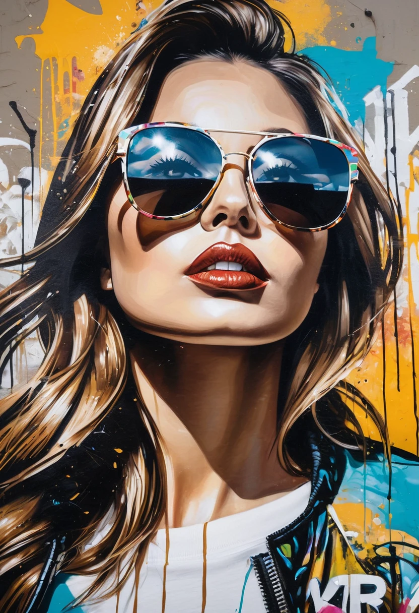 graffiti art of a woman with sunglasses and graffiti writing on her face, splashed with graffiti art, graffiti inspired, urban art style, official poster artwork, inspired by Sandra Chevrier, urban graffiti, graffiti style, official artwork, graffiti street art, graffiti art, bold graffiti, cool face, modern street art, urban art, graffiti art style, graffiti painting