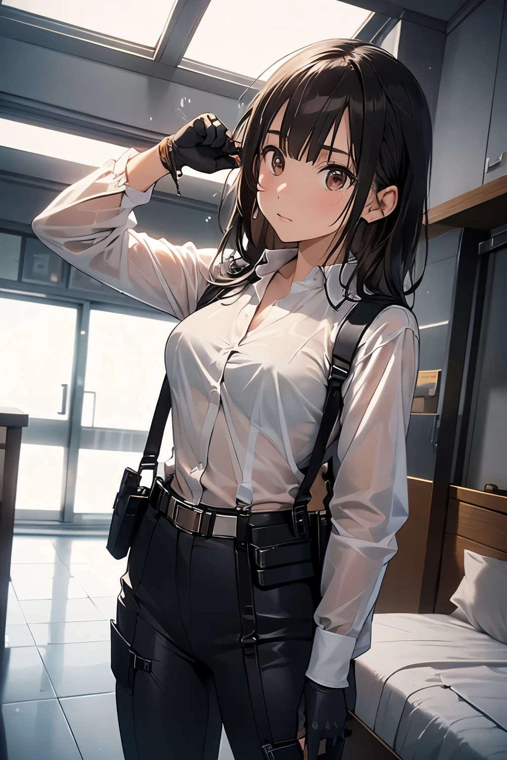 1 female, , high quality, masterpiece, Ultra-high resolution, , Cinema Lighting, , , And the suspenders with the cranes flying Large Small face holster Lying in bed Looking up Sweat belt summer 脇Sweat Black Hole Gloves suit shirt Black jacket Black trousers Leg Links ズボンにbelt holster Hands behind your back Anxious expression Looking up Anxious face, legs apart Armament Handgun handcuffs Cable ties レッグholster holster See-through clothing heavy rain Getting wet in the rain