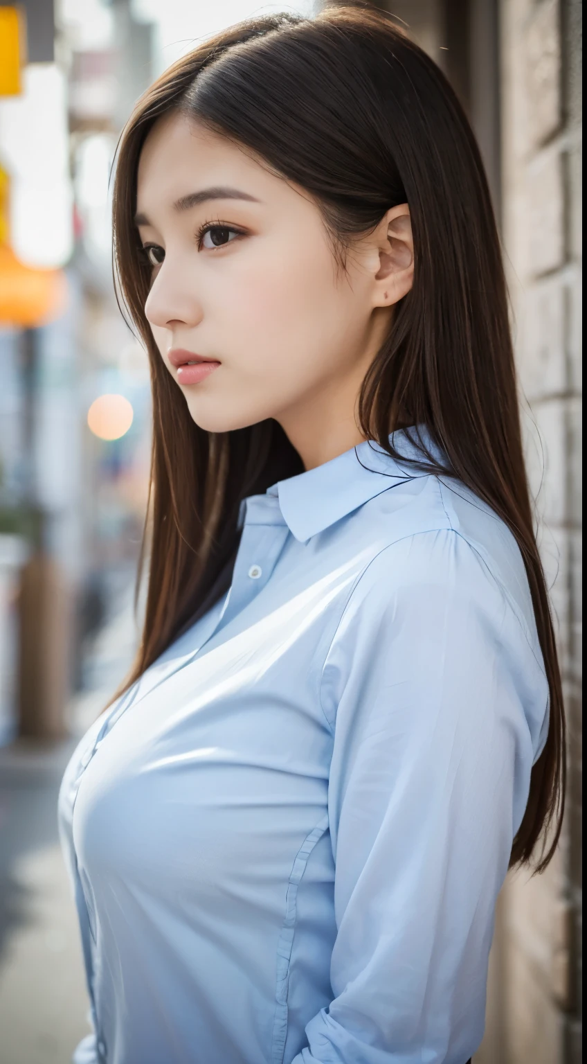 Detailed face、Detailed eyes、Detailed mouth、Detailed nose、(Very tight buttoned shirt:1.3)、(Shooting from the side:1.2)、Very cute girl、beautiful girl、Big Breasts、Cute Japanese Woman、17 years old、high school girl、Young girl