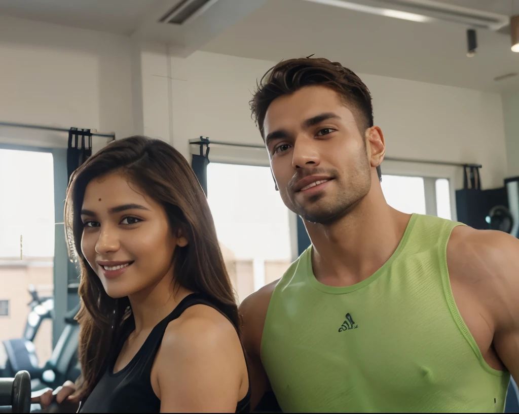 ((Handsome 35 year old caucasian man with desireable features working out at gym with a beautiful 25 year old Indian woman)), (He has medium length light brown hair, faded sides, clean shave face, intriguing green eyes, athletic physique, BREAK, black muscle shirt, seductive smile with confident expression), BREAK, bright indoor lighting highlights their excellent features