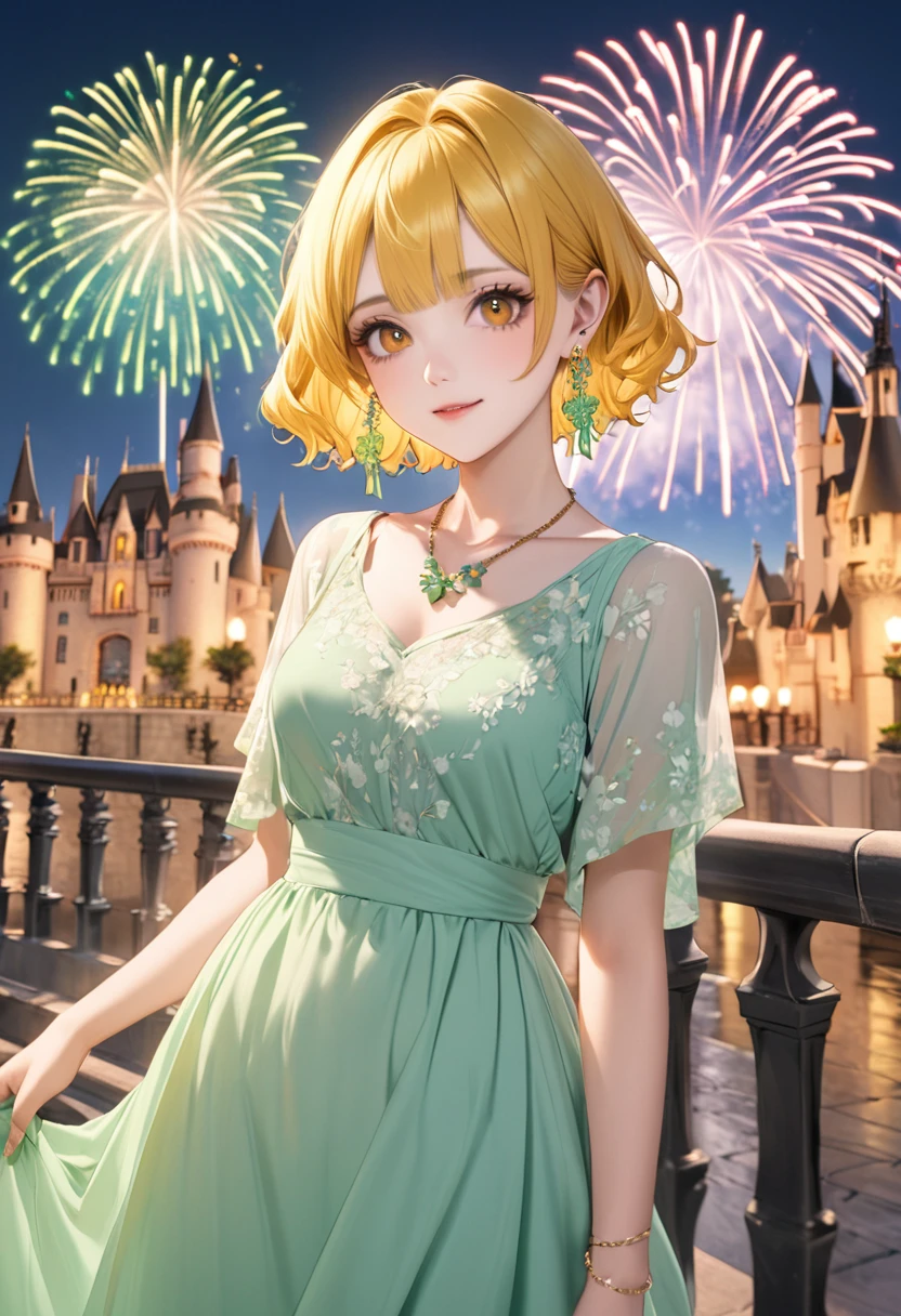 1 female　Short yellow hair and ribbon　Yellow eyebrows　Orange eyes　society　Pastel green long dress　Castle and fireworks　Earrings and matching necklace