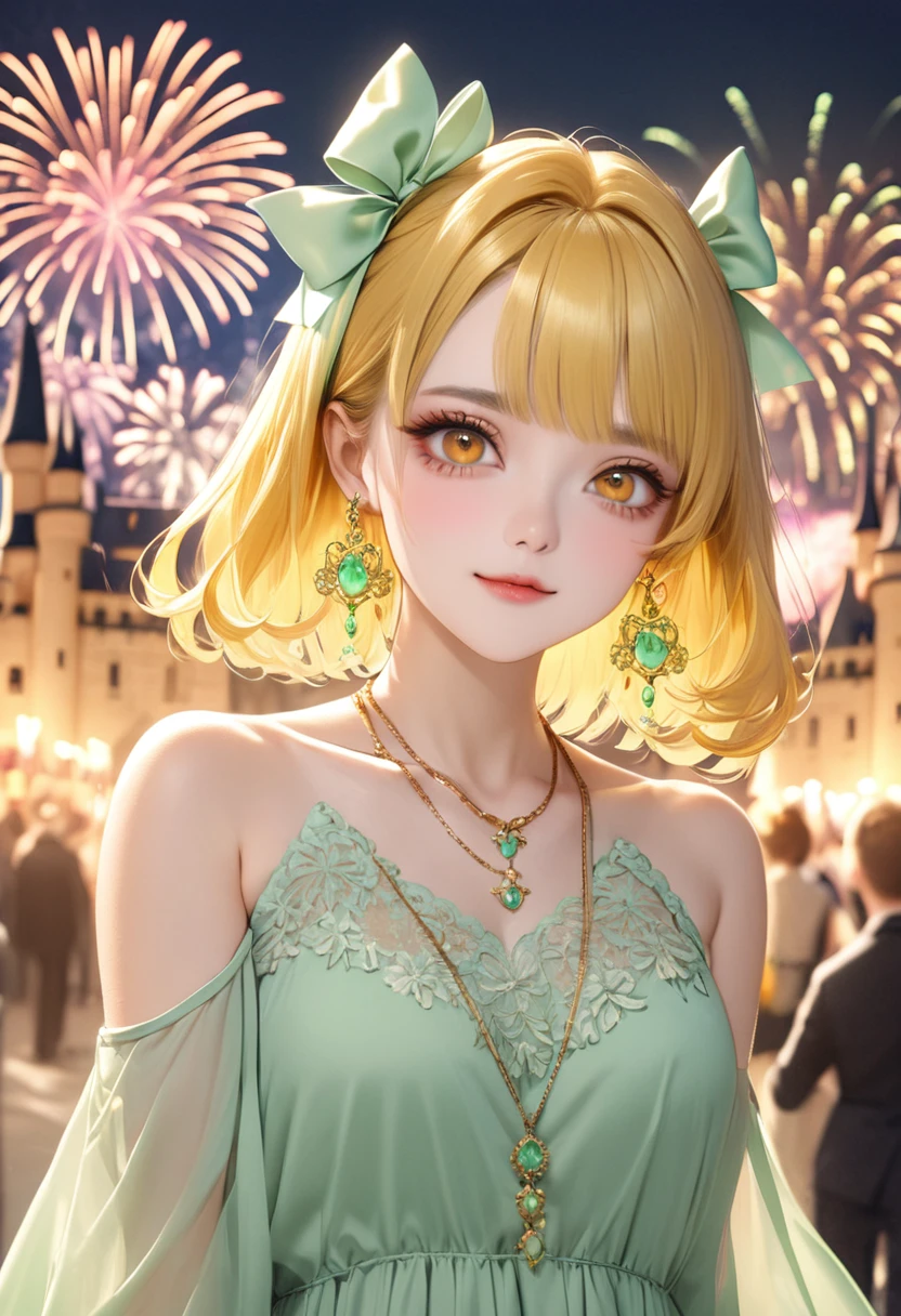 1 female　Short yellow hair and ribbon　Yellow eyebrows　Orange eyes　society　Pastel green long dress　Castle and fireworks　Earrings and matching necklace