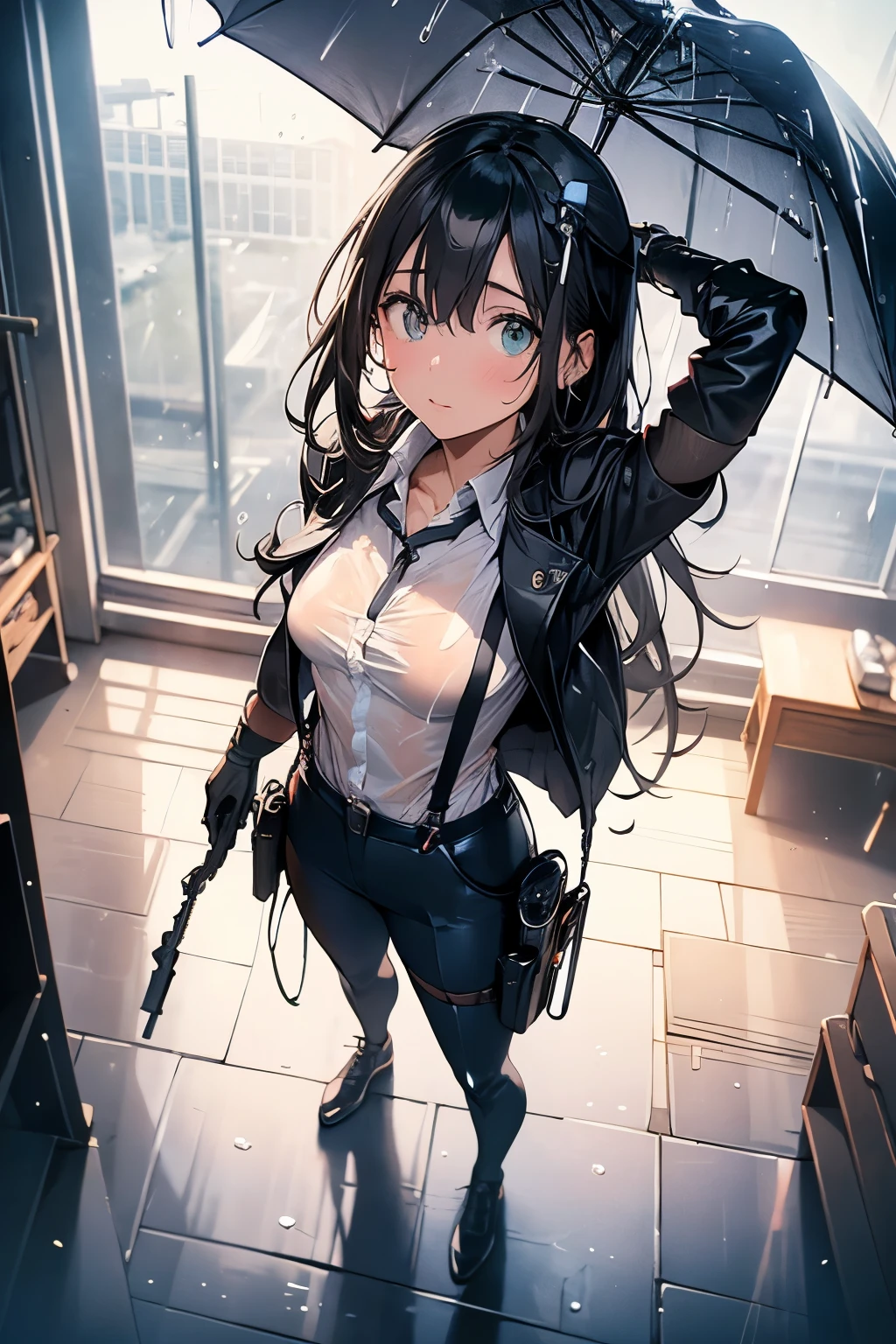 1 female, , high quality, masterpiece, Ultra-high resolution, , Cinema Lighting, , , And the suspenders with the cranes flying Large Breasts Small face holster Lying in bed Looking up Sweat belt summer 脇Sweat Black Hole Gloves suit shirt Black jacket Black trousers Leg Links ズボンにbelt holster Hands behind your back Anxious expression Looking up Anxious face, legs apart Armament Handgun handcuffs Cable ties レッグholster holster See-through clothing heavy rain Getting wet in the rain