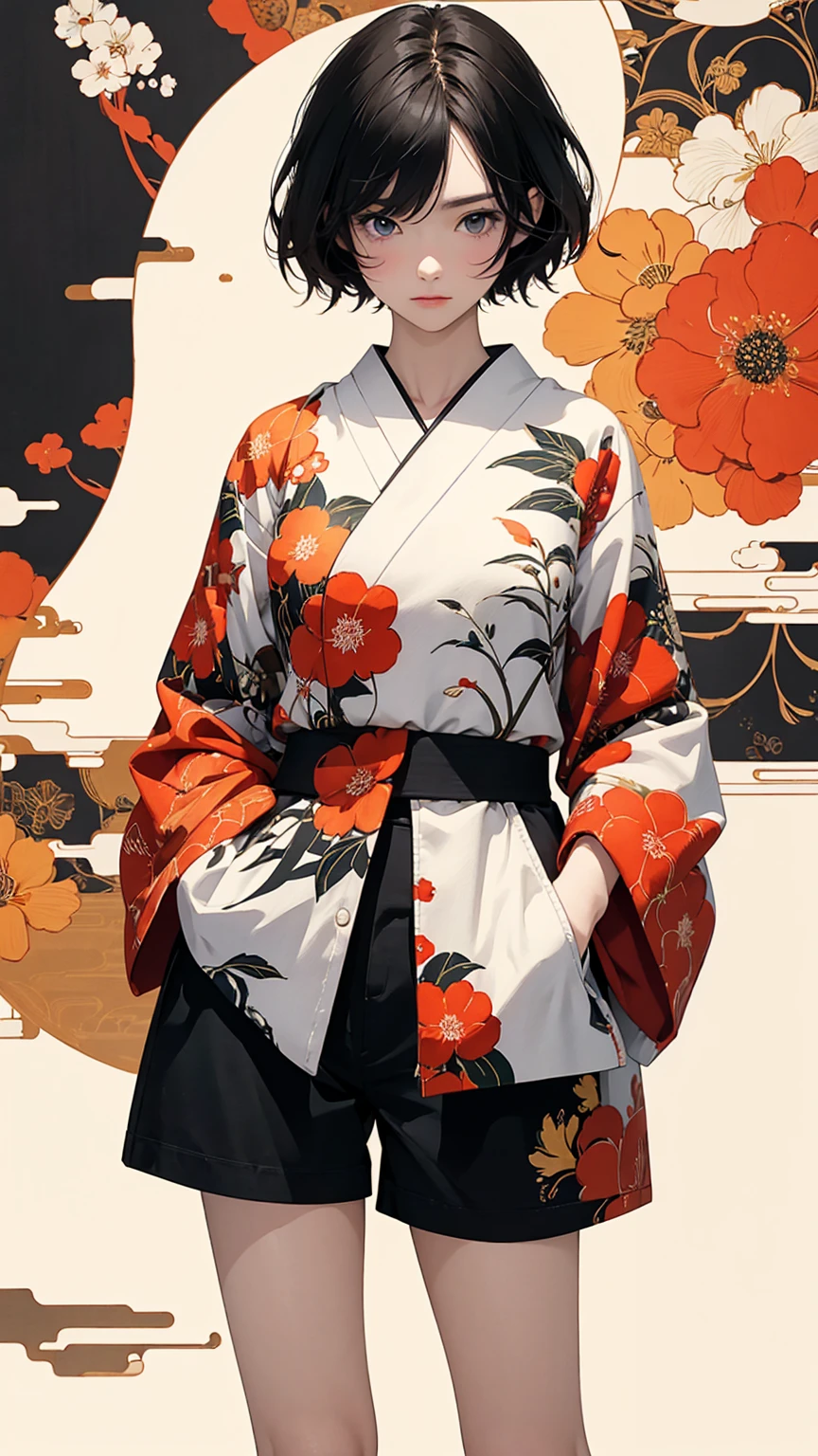 (masterpiece, High resolution, Highest quality), 20-year-old woman, Hands in pockets:1.3, Coordination of Japanese patterned haori and micro mini shorts:1.2, Petal Collage, abstract design, artistic juxtapositions, And handle background, warm color, mixed-media approach, Anime Style, Simple lines, Digital Painting, 