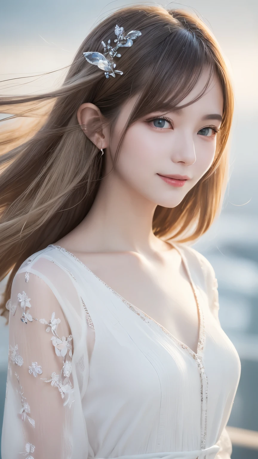 Silver Hair、(masterpiece, Highest quality, Highest, Official Art, beautifully、beautiful, exposed for a long time: 1.2), Smooth movement, Attractive patterns, 1 girl, (Long dress with sleeves: 1.3), (((White clothes) )), Upper Body close-up, Expose your shoulders, Chinese Girl, blush, Black lob hair, Portraiture, alone, Upper Body, Observing the observer, Detailed Background, Detailed face, (Crystal AI, Crystal Theme:1.1), Wind Elf, Rotating wind, Controlling the Wind, White crystal clothes, Dynamic pose, Suspended particles, Aether Dynamics, whirlwind, vapor, whirlwind in the background, White Tone, whirlwind, Great atmosphere,blonde,Fairy, Yellow Hair, Plump face,Random Pause,Big eyes, A light smile