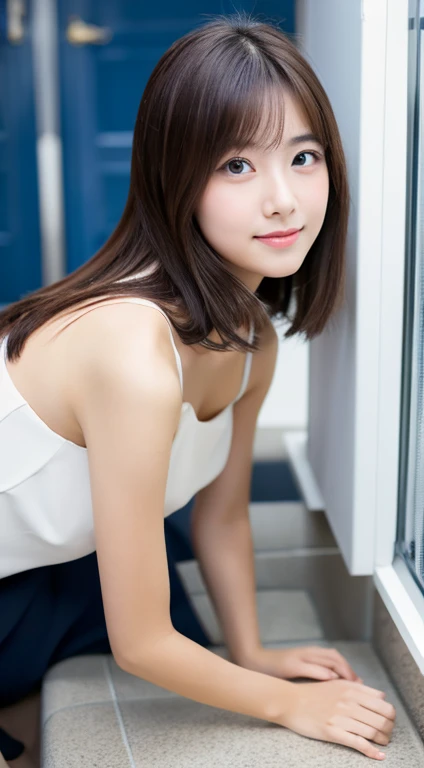 lens: 135mm f1.8,(Highest quality), (Cute and beautiful 24 year old Japanese girl),  (Moisturized lips), Narrow eyes, double eyelid,Delicate clavicle,Flat Chest,Shortcuts,  shame, A faint smile,(Professional Lighting:1.2), (Beautiful police officer), (Sunburned skin:0.2),Full body photo、Full Body Focus、Stand upright、Showing from the knees up、sit、Anatomically correct、Top-down angle、Stylish toilet、Hugging a middle-aged man、On all fours、Push up your hips、Group Sex