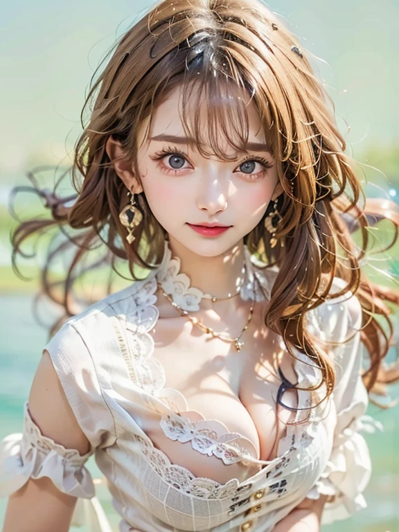 ((Highest quality)), ((masterpiece)), (detailed), ((Highest quality))、RAW、4K、High resolution、Perfect Face, Japanese、36 years old、female、Long Hair、Brown Hair、Earrings、necklace、Large Breasts、Cleavage、Perfect Anatomy、Anatomically correct body、nsfw、White collared shirt、