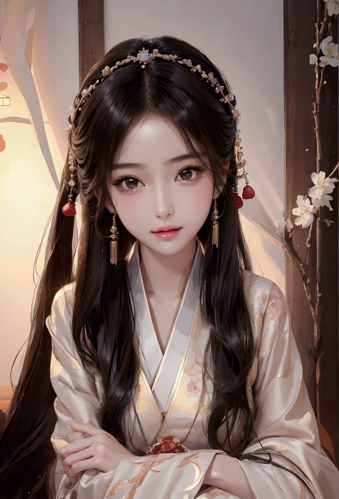 Best image quality、8k、masterpiece:1.3))、Realistic high-quality photos、Highest quality、 Beautiful face、Photos of slim models、Beautiful girl model、Young and pretty face、Beautiful model girl、A lovely and delicate face、Black Hair、Beautiful brown eyes、Young Body、Hanfu, (emphasize)、from the front、Camera gaze,、Anatomically correct、胸の谷間をemphasize、whole body、13-year-old female model、smile、Japanese women