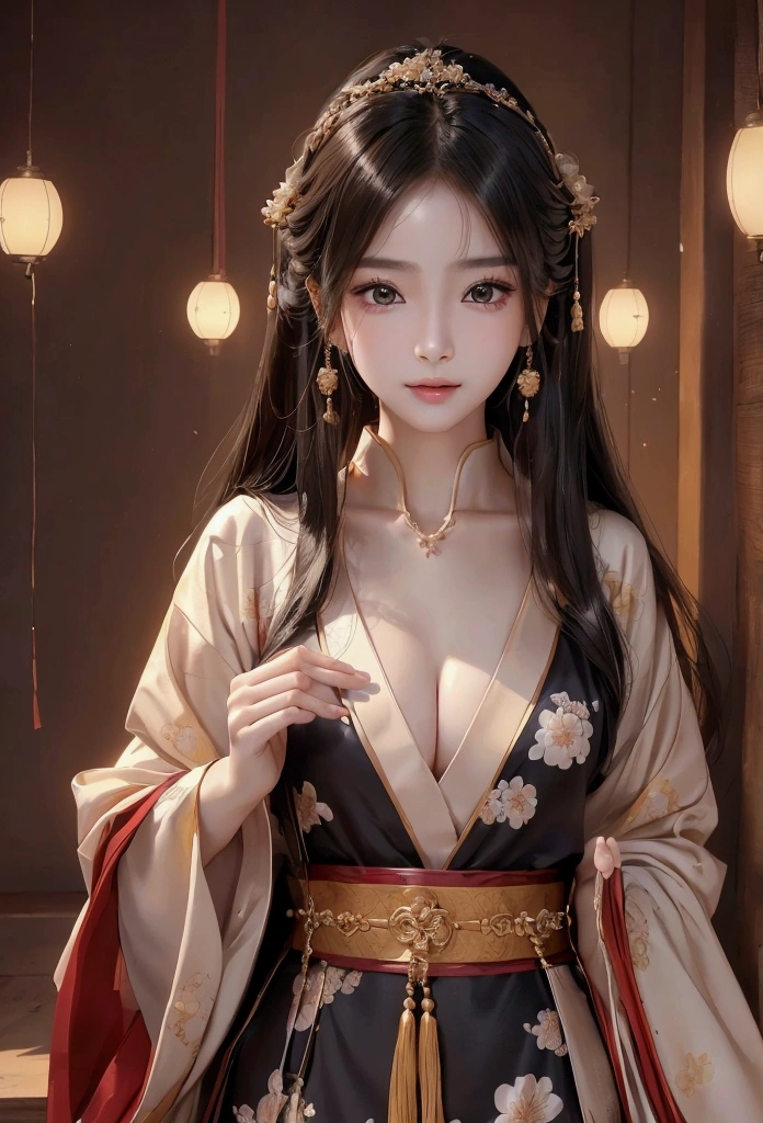 Best image quality、8k、masterpiece:1.3))、Realistic high-quality photos、Highest quality、 Beautiful face、Photos of slim models、Beautiful girl model、Young and pretty face、Beautiful model girl、A lovely and delicate face、Black Hair、Beautiful brown eyes、Young Body、Hanfu, (emphasize)、from the front、Camera gaze,、Anatomically correct、胸の谷間をemphasize、whole body、13-year-old female model、smile、Japanese women