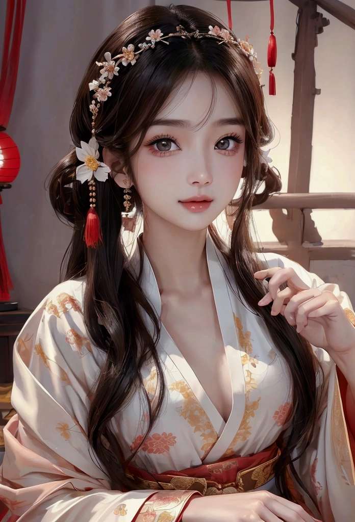 Best image quality、8k、masterpiece:1.3))、Realistic high-quality photos、Highest quality、 Beautiful face、Photos of slim models、Beautiful girl model、Young and pretty face、Beautiful model girl、A lovely and delicate face、Black Hair、Beautiful brown eyes、Young Body、Hanfu, (emphasize)、from the front、Camera gaze,、Anatomically correct、胸の谷間をemphasize、whole body、13-year-old female model、smile、Japanese women