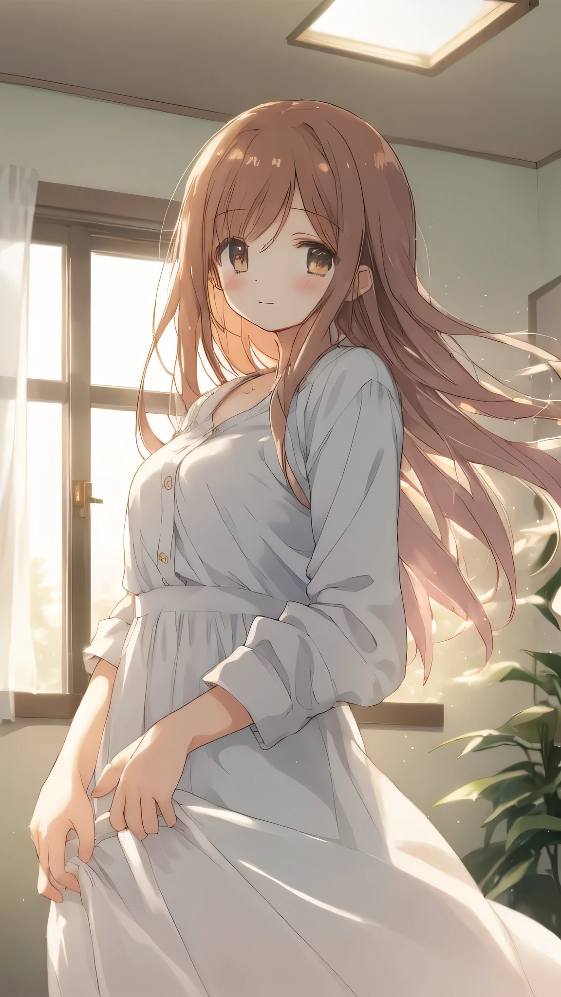 An anime-style illustration of a beautiful girl, shown from below the eyes down. She is wearing only an oversized white dress shirt, giving a casual and slightly whimsical feel. The shirt should be noticeably large, emphasizing a cozy and relaxed vibe. The setting is indoors, with soft morning sunlight streaming through a window, creating a warm and gentle atmosphere. A subtle bokeh effect adds depth and softness to the scene. The image should be high resolution and high definition, capturing the delicate details of the girl's features, the texture of the shirt, and the serene ambiance of the room. The overall composition should be a masterpiece, blending a cozy and tranquil mood with a touch of elegance.