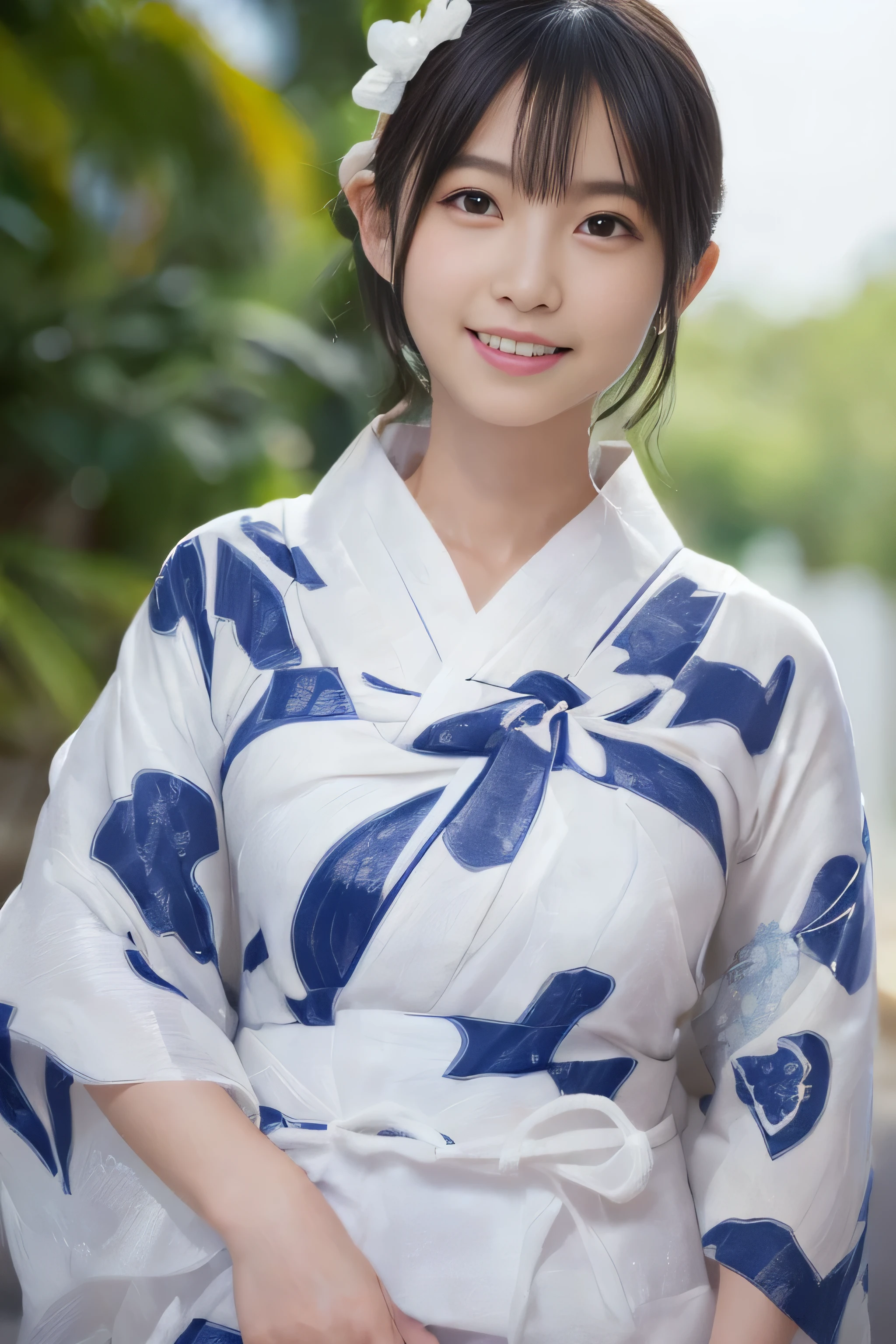 (((A white yukata made of thin fabric:1.4)))、(((Simple obi:1.4))), ((14 years old))、Random Pause、(Highest quality,masterpiece:1.3,Ultra-high resolution,),(Very detailedな,Caustics),(Photorealistic:1.4,RAW shooting,)Ultra-Realistic Capture,Very detailed,High resolution 16K human skin closeup、 Natural skin texture、、Skin tone is even and healthy looking、 Use natural light and colour,1 girl,Japanese,cute,Black-haired,Medium Straight Hair, (((Huge bust:1.4))), smile,,(Written boundary depth、chromatic aberration、、Wide range of lighting、Natural Shading、)、(Kimono with open front),