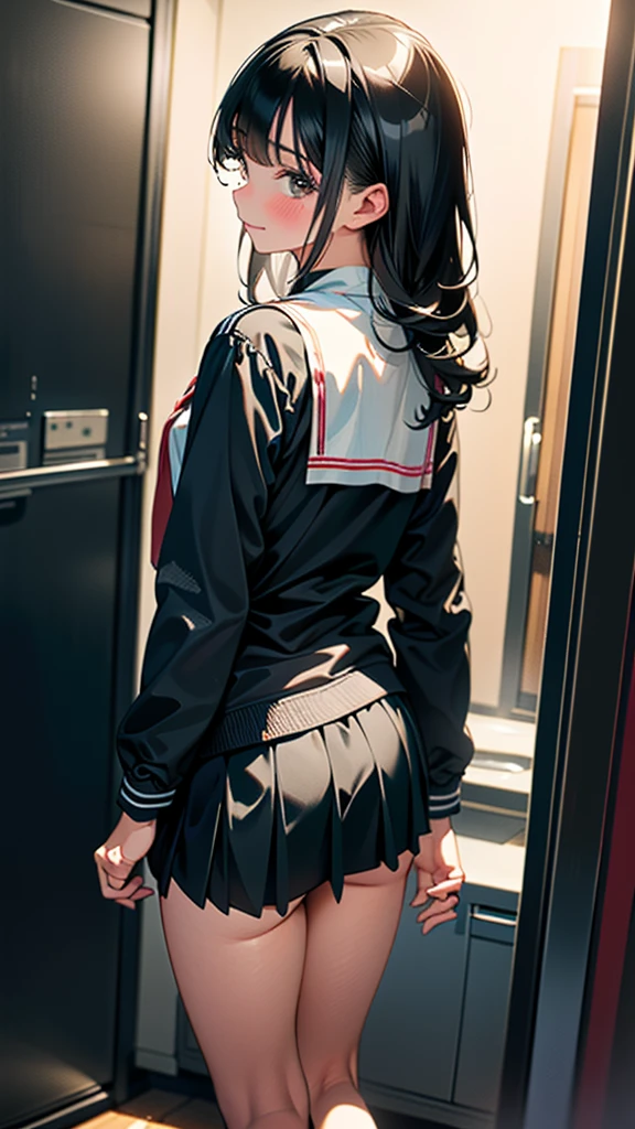 (8k, RAW Photos, 最high quality, masterpiece:1.2), high qualityのRAWカラー写真, Professional photo shoot, Cinematic Light, night、Late night、alone, (((young woman, Gal))), (Sharp features), (Small face), (Skin with attention to detail:1.2), clavicle, Cute Face, Beautiful appearance, Long eyelashes,Girl Turning Around, smile, (Black Hair, Long straight line), high school student, Red tie, High School Uniform:1.2, Black jacket, Open jacket, Jacket cuff buttons, White shirt, Mini skirt, locker room, Embarrassing, sad, Artistic painting,Attractive thighs, sneakers、(Very nice touch:1.2), (Watery eye), sad雰囲気, Oil painting style, Dark colors, (Leaning forwardで立っている, )(((Focus on the butt))), Smooth texture, Gazing Eyes, Beautiful Skin, Glowing Skin, ((Perfect Fingers, Five Fingers, Anatomically correct)), Background Blur, high quality, Surreal, ((Very detailed, photo shoot)),,View from below、blush、(Many passersby)、Embarrassing、Full Body Shot、((backstyle))、((Take off your panties))、Accentuate your butt、Turn around、look back、Embarrassed、blush、Leaning forward、Take off your panties