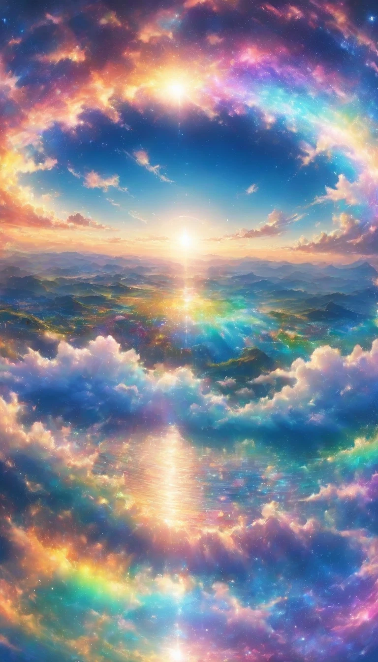 transparentな景色、rainbow色の傘、Angel Umbrella, Detailed landscape, sunrise, rainbow, , horizon, In the sky, transparent、rainbow色の絶景 , rainbow色の水の都、Lens flare, colorful, An atmosphere full of dreams and hope，masterpiece．16K, Ultra-high resolution, to be born,wonderful ,future、rainbow色の、The world 30 years from now。