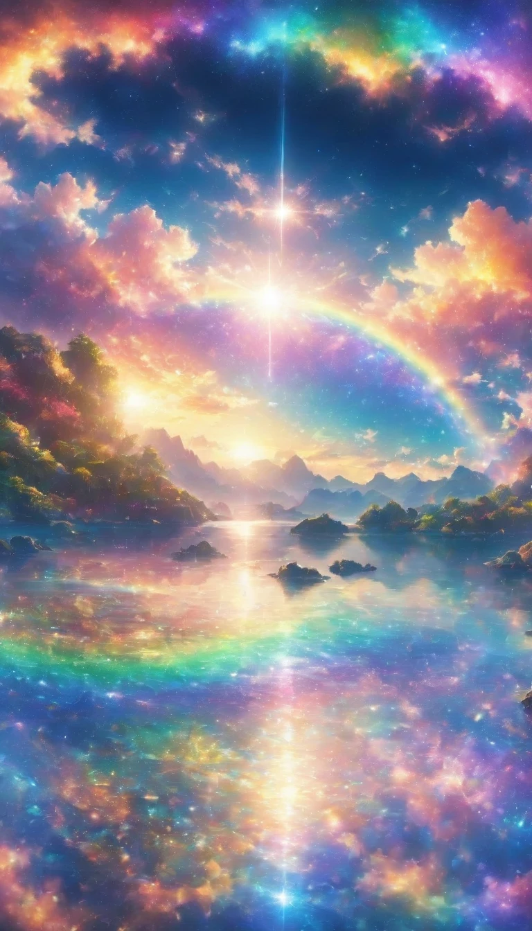 transparentな景色、rainbow色の傘、Angel Umbrella, Detailed landscape, sunrise, rainbow, , horizon, In the sky, transparent、rainbow色の絶景 , rainbow色の水の都、Lens flare, colorful, An atmosphere full of dreams and hope，masterpiece．16K, Ultra-high resolution, to be born,wonderful ,future、rainbow色の、The world 30 years from now。
