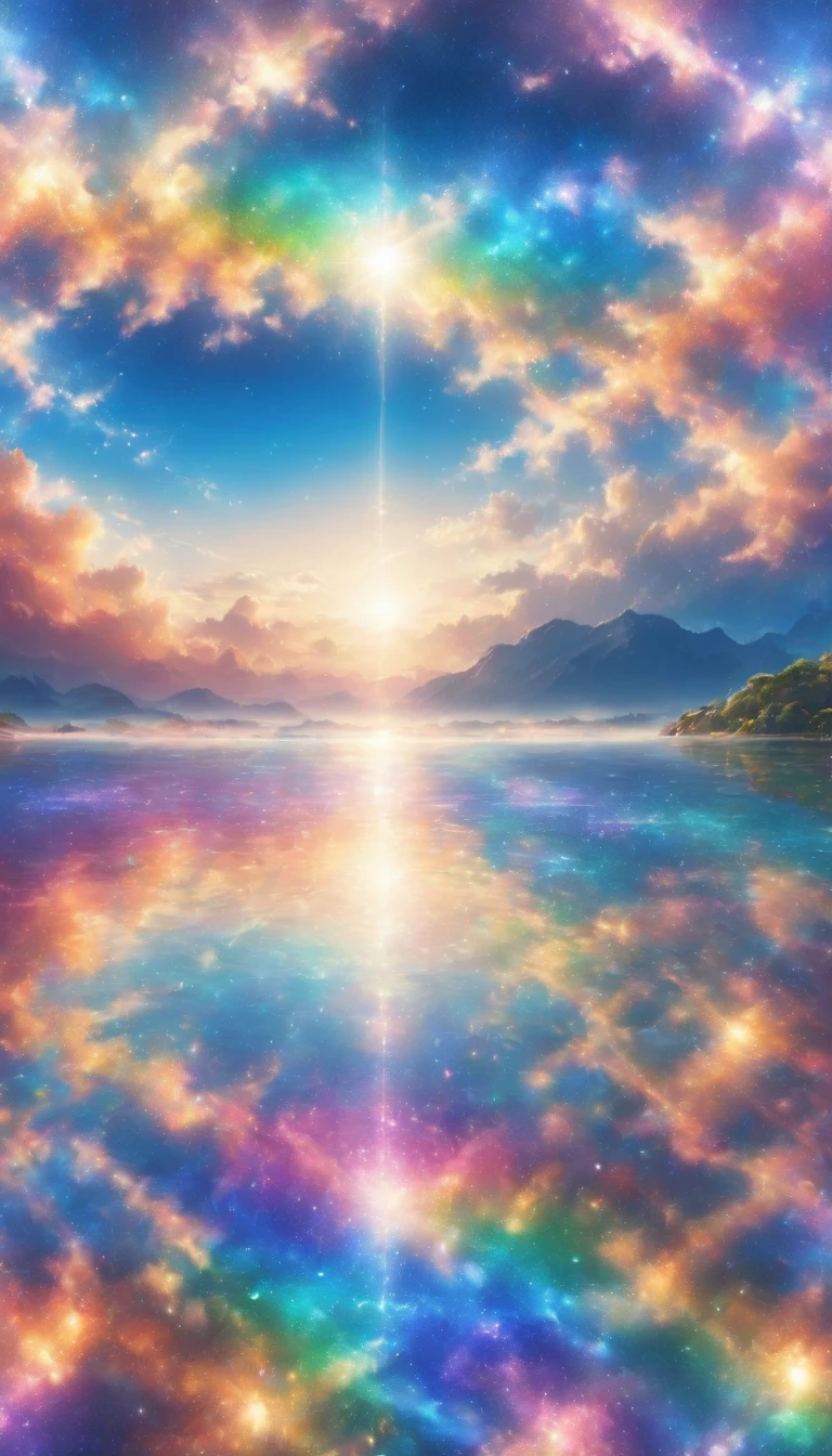 transparentな景色、rainbow色の傘、Angel Umbrella, Detailed landscape, sunrise, rainbow, , horizon, In the sky, transparent、rainbow色の絶景 , rainbow色の水の都、Lens flare, colorful, An atmosphere full of dreams and hope，masterpiece．16K, Ultra-high resolution, to be born,wonderful ,future、rainbow色の、The world 30 years from now。