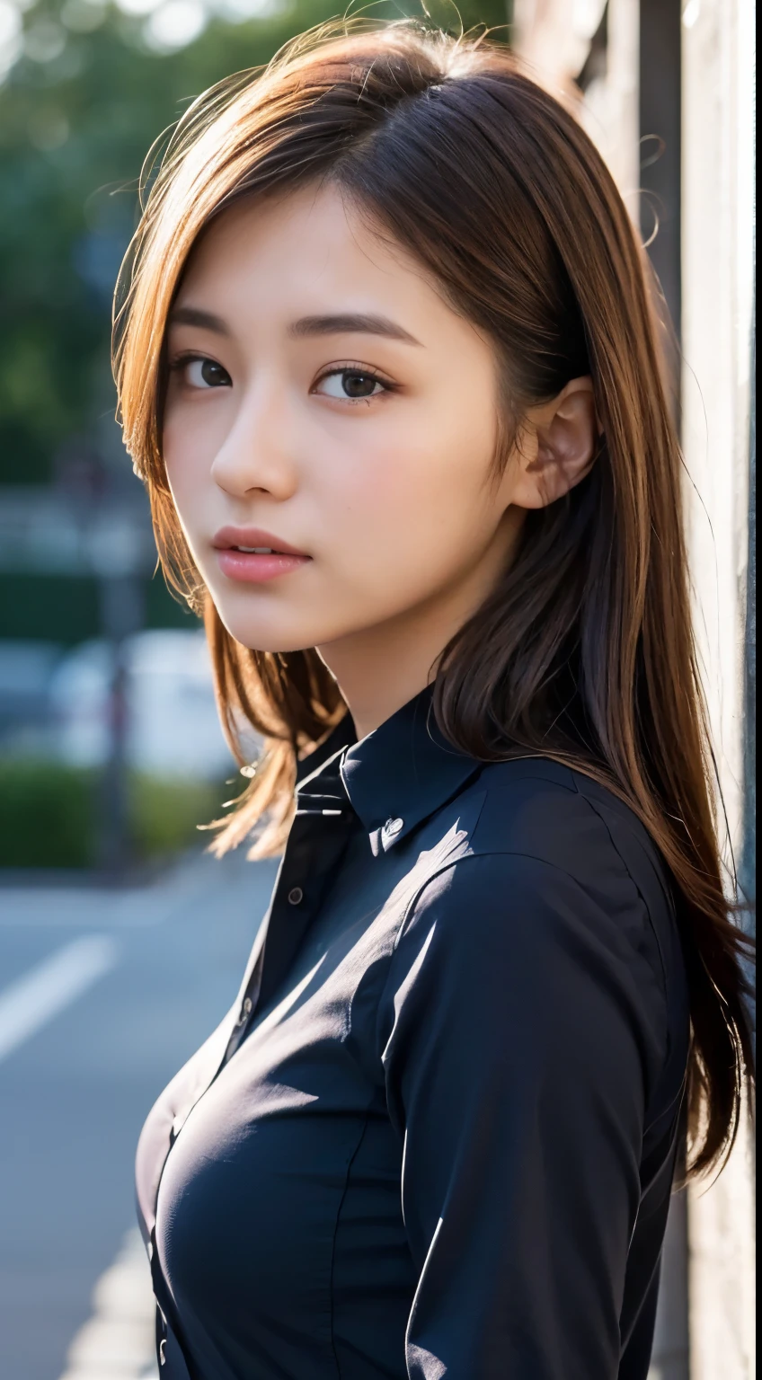 Detailed face、Detailed eyes、Detailed mouth、Detailed nose、(Very tight buttoned shirt:1.3)、(Shooting from the side:1.2)、Very cute girl、beautiful girl、Big Breasts、Cute Japanese Woman、、high school girl、Young girl