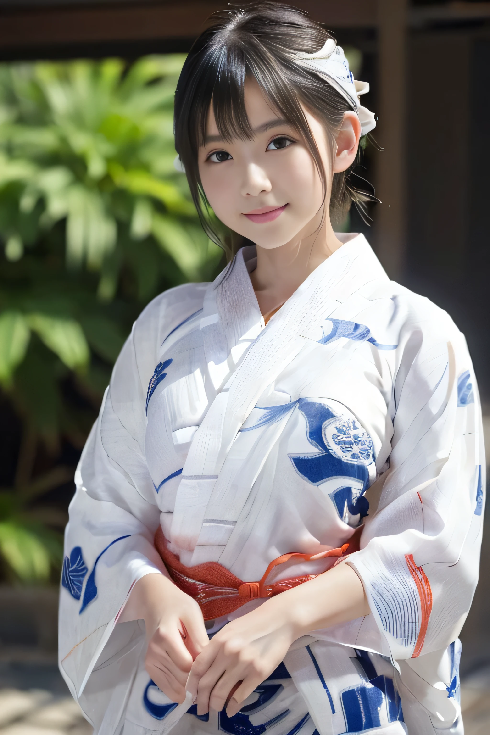 (((A white yukata made of thin fabric:1.4)))、(((Simple obi:1.4))), (())、Random Pause、(Highest quality,masterpiece:1.3,Ultra-high resolution,),(Very detailedな,Caustics),(Photorealistic:1.4,RAW shooting,)Ultra-Realistic Capture,Very detailed,High resolution 16K human skin closeup、 Natural skin texture、、Skin tone is even and healthy looking、 Use natural light and colour,1 girl,Japanese,cute,Black-haired,Medium Straight Hair, (((Huge bust:1.4))), smile,,(Written boundary depth、chromatic aberration、、Wide range of lighting、Natural Shading、)、(Kimono with open front),