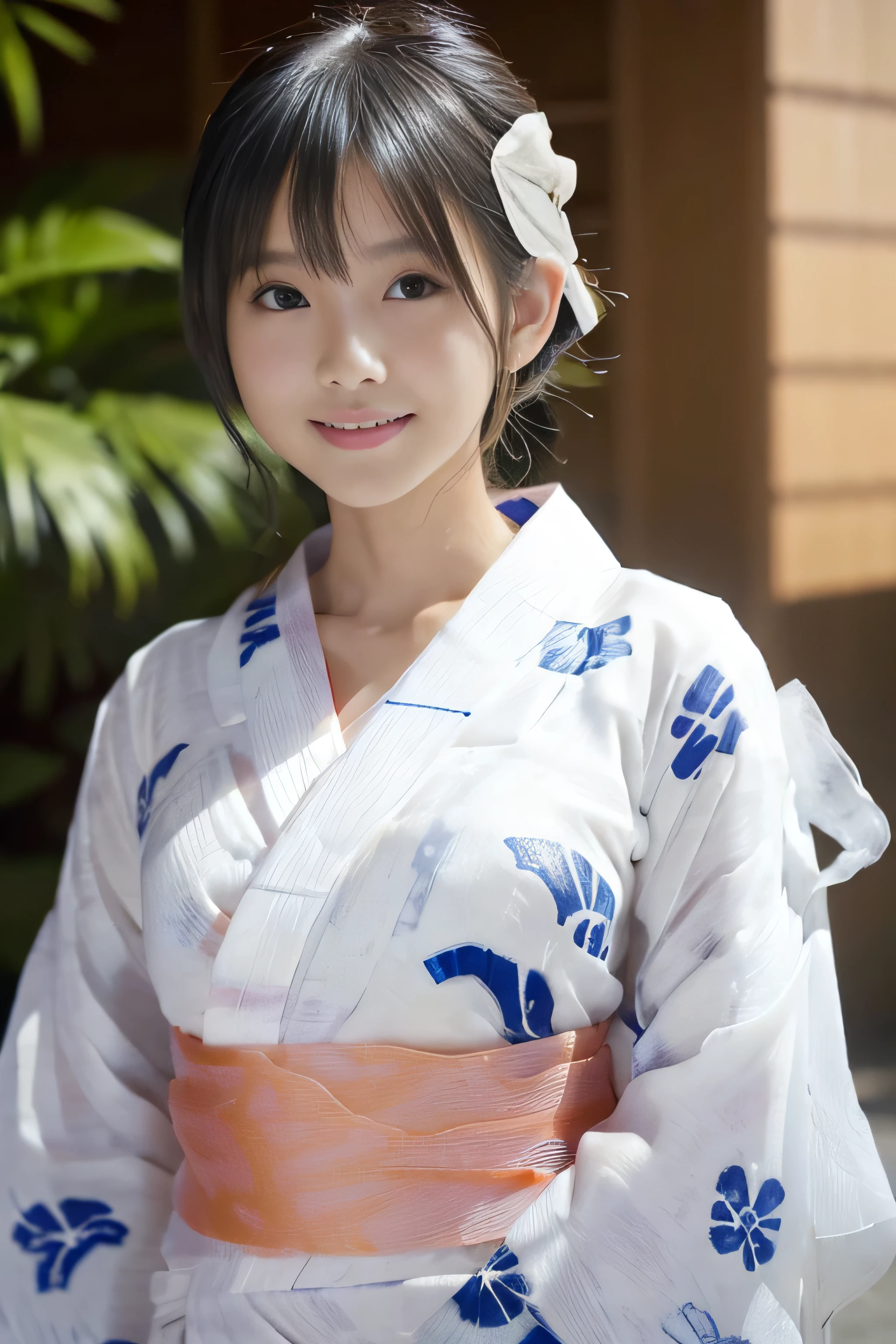 (((A white yukata made of thin fabric:1.4)))、(((Simple obi:1.4))), ((s old))、Random Pause、(Highest quality,masterpiece:1.3,Ultra-high resolution,),(Very detailedな,Caustics),(Photorealistic:1.4,RAW shooting,)Ultra-Realistic Capture,Very detailed,High resolution 16K human skin closeup、 Natural skin texture、、Skin tone is even and healthy looking、 Use natural light and colour,1 girl,Japanese,cute,Black-haired,Medium Straight Hair, (((Huge bust:1.4))), smile,,(Written boundary depth、chromatic aberration、、Wide range of lighting、Natural Shading、)、(Kimono with open front),