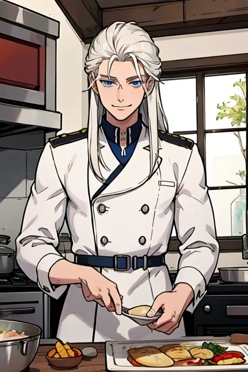 Perfect face. Perfect hands. A young white haired man with blue eyes and long hair in a white sheriff's uniform is cooking dinner in a wild west desert with a big smile
