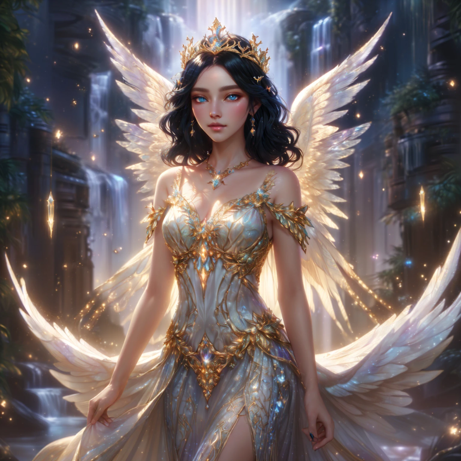 Supermodel woman, beautiful goddess in a beautiful white and gold dress. Long black hair and wings, Fantasy art style, ((Beautiful Fantasy Empress)), Detailed fantasy art, Beautiful Fantasy Empress, epic Fantasy art style hd, By Yang J, fantasy anime illustration, Fantasy anime artwork, fantasy style art, A very detailed RTM pathogen., beautiful heavenly mage, Ethereal fantasy, The beautiful and elegant Elf Queen. , gorgeous blue eyes