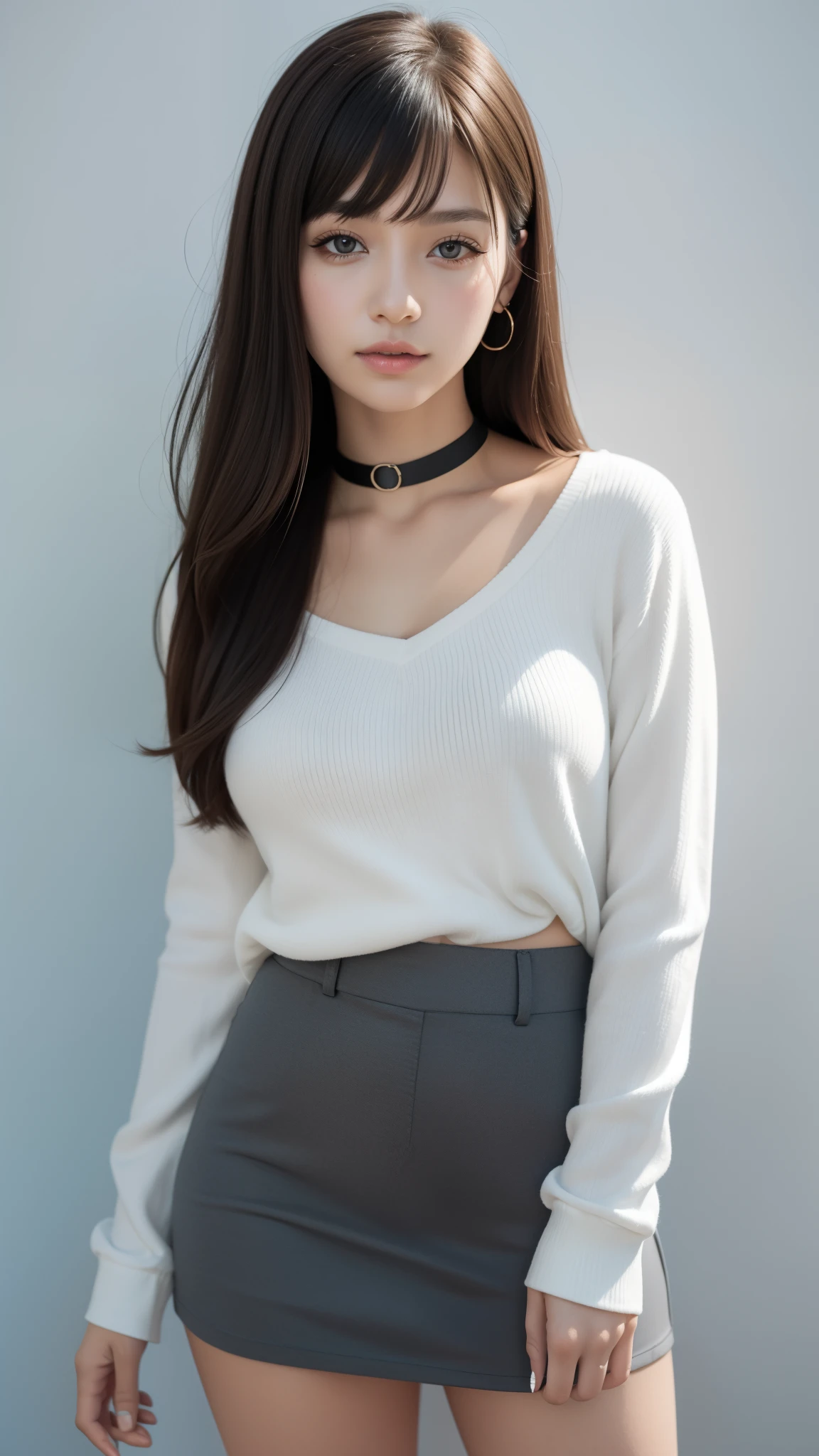 20 years old, 8k, hd, beautiful girl, 1girl, bangs, black choker, choker, grey background, grey eyes, lips, long hair, long sleeves, looking at viewer, pleated skirt, realistic, skirt, solo, standing, white skirt, (fuller lips:0.8), beauty mark,half body,