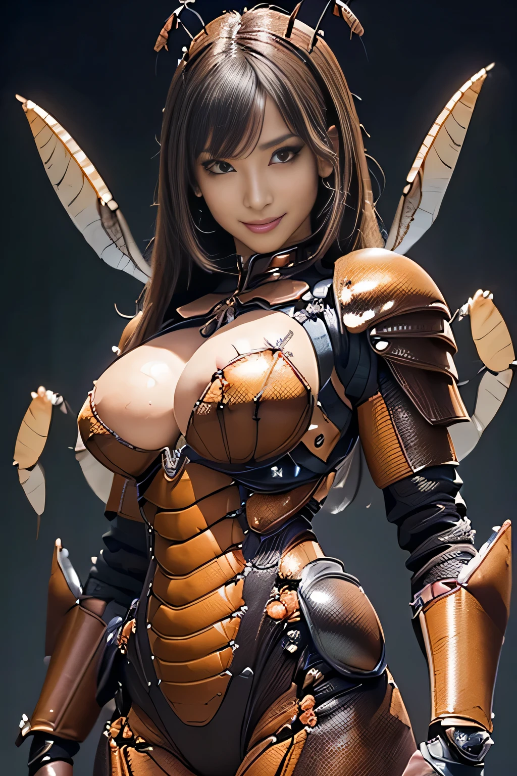 (high resolution,masterpiece,best quality,extremely detailed CG, anime, official art:1.4), realistic, photo, amazing fine details, all intricate, gloss and shiny,awesome many layers, 8k wall paper, 3d, sketch, kawaii, illustration,( solo:1.4), perfect female proportion,villainess, (fusion of dark brown cockroach and lady:1.4), (brown cockroach form lady:1.2), (brown cockroach lady:1.2), (fusion:1.2), (solo:1.4), (evil smile:1.2), muscular, abs, (cockroach brown exoskeleton bio insect suit:1.4), (cockroach brown exoskeleton bio insect armor:1.2), (brown transparency cockroach wing:1.4), (brown cockroach antennae:1.3),