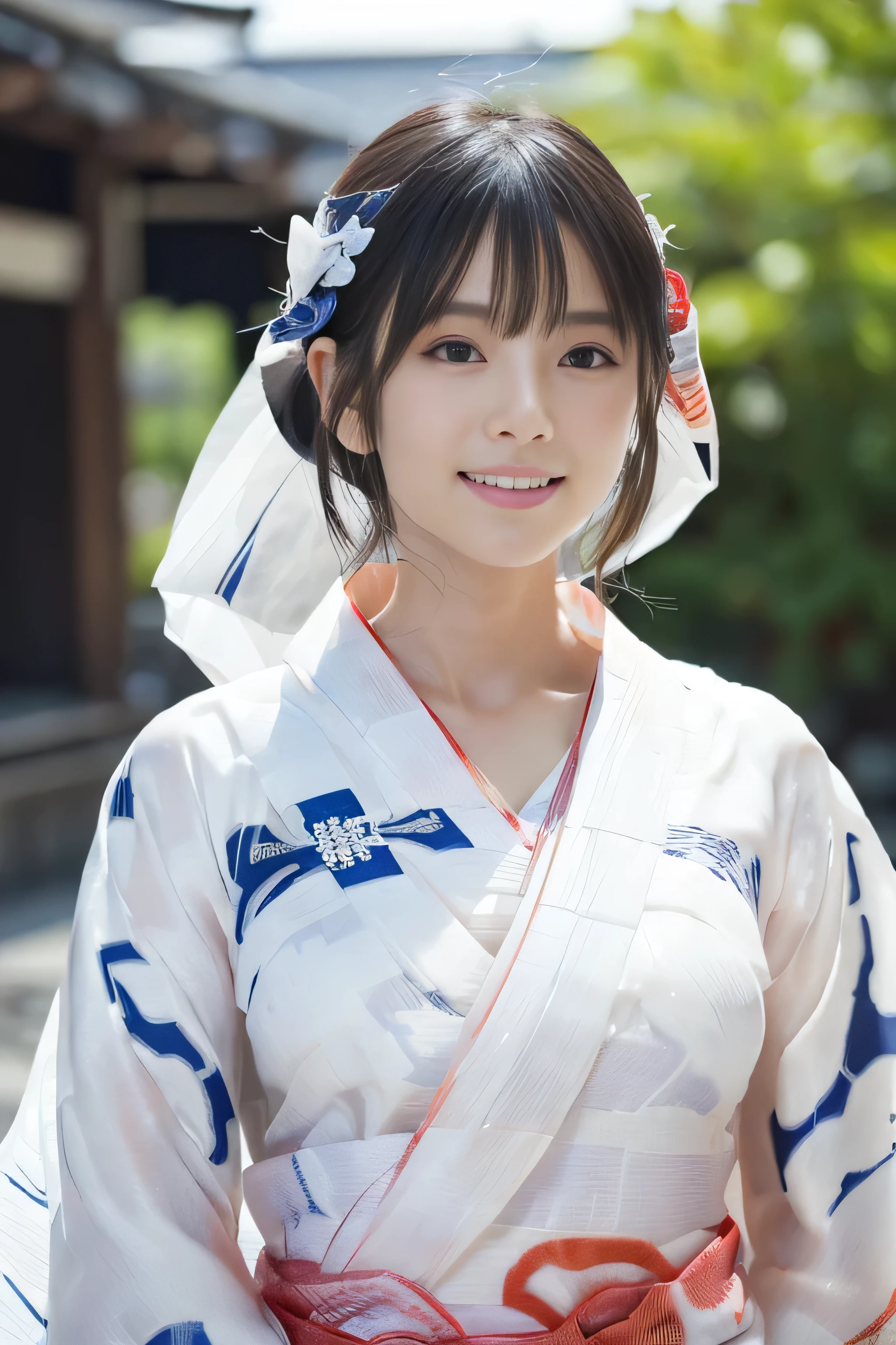 (((A white yukata made of thin fabric:1.4)))、(((Simple obi:1.4))), ((14 years old))、Random Pause、(Highest quality,masterpiece:1.3,Ultra-high resolution,),(Very detailedな,Caustics),(Photorealistic:1.4,RAW shooting,)Ultra-Realistic Capture,Very detailed,High resolution 16K human skin closeup、 Natural skin texture、、Skin tone is even and healthy looking、 Use natural light and colour,1 girl,Japanese,cute,Black-haired,Medium Straight Hair, (((Huge bust:1.4))), smile,,(Written boundary depth、chromatic aberration、、Wide range of lighting、Natural Shading、)、(Kimono with open front),