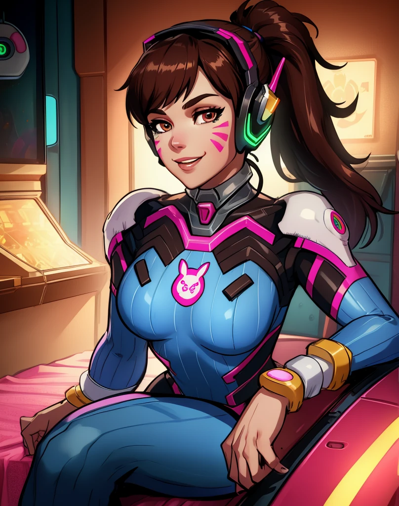 Dva, brown hair, brown eyes,  facial mark,   ponytail, 
bodysuit, armor,   headphones, looking at viewer,  breastplate, 
upper body, sitting, 
arcade, indoors,  neon lights,  smile, 
(insanely detailed, beautiful detailed face,beautiful detailed eyes, masterpiece, best quality),solo, 