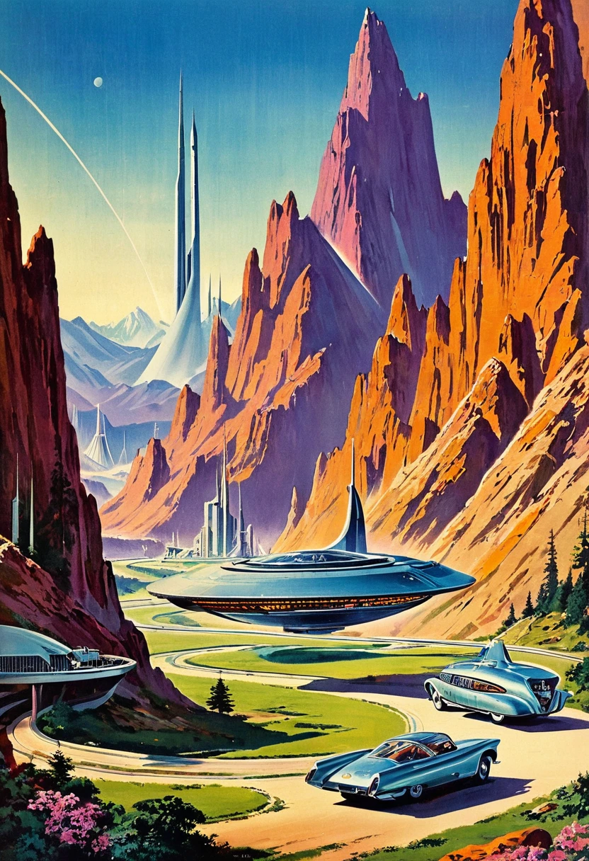 Retro futuristic, ((retro futurism)), ((Science fiction)), 1950s, (((1960s))), 1970s, (scenery, mountains, city),