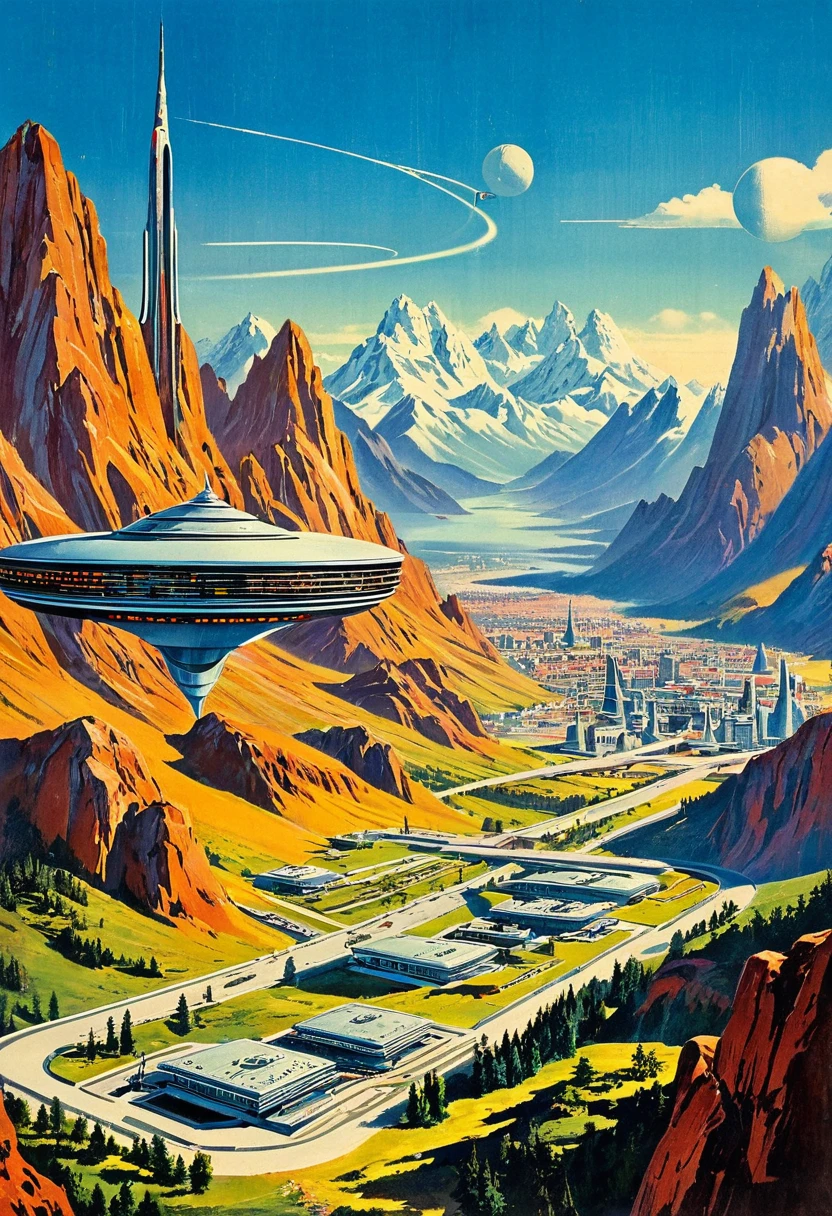 Retro futuristic, ((retro futurism)), ((Science fiction)), 1950s, (((1960s))), 1970s, (scenery, mountains, city),