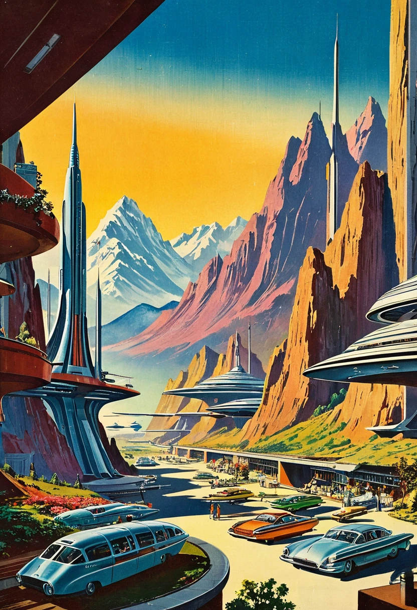 Retro futuristic, ((retro futurism)), ((Science fiction)), 1950s, (((1960s))), 1970s, (scenery, mountains, city),