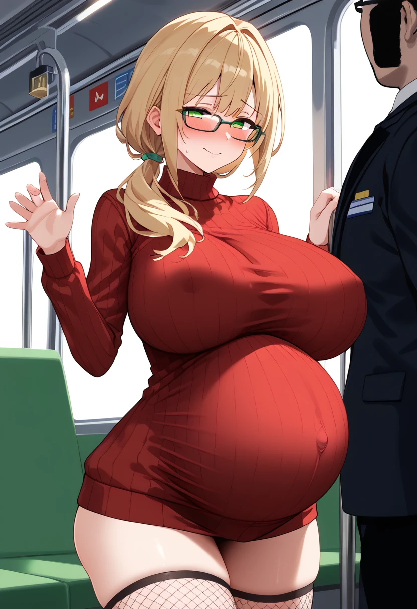 (pregnant), (best quality: 1.5), (masterpiece: 1.5), (2.5D), (Bright colors), (1 character), (Exaggerated proportions), (Endless), (Perfect anatomical structure), ( Central Character), (absurd), (4k wallpaper), (Delicate eyes), (Perfect hands), (Perfect hands指), (Beautiful Skin), (Radiant Skin), (Perfect shadow), (Perfect lighting ), (whole body), (beautiful eyes), (masterpiece), (Full figure ), (Pretty Face),  Adult woman, blond，A slightly messy low ponytail, Green Eyes, wear glasses, Wear a high-necked, light-fabric tight sweater，Moderate neckline, Blushing and nervous expression,  Milf face, Huge breasts, thigh, Huge ass, Full figure, Good proportions, She is standing on the train，A fat man with a lewd expression hugged her belly from behind，Black fishnet stockings