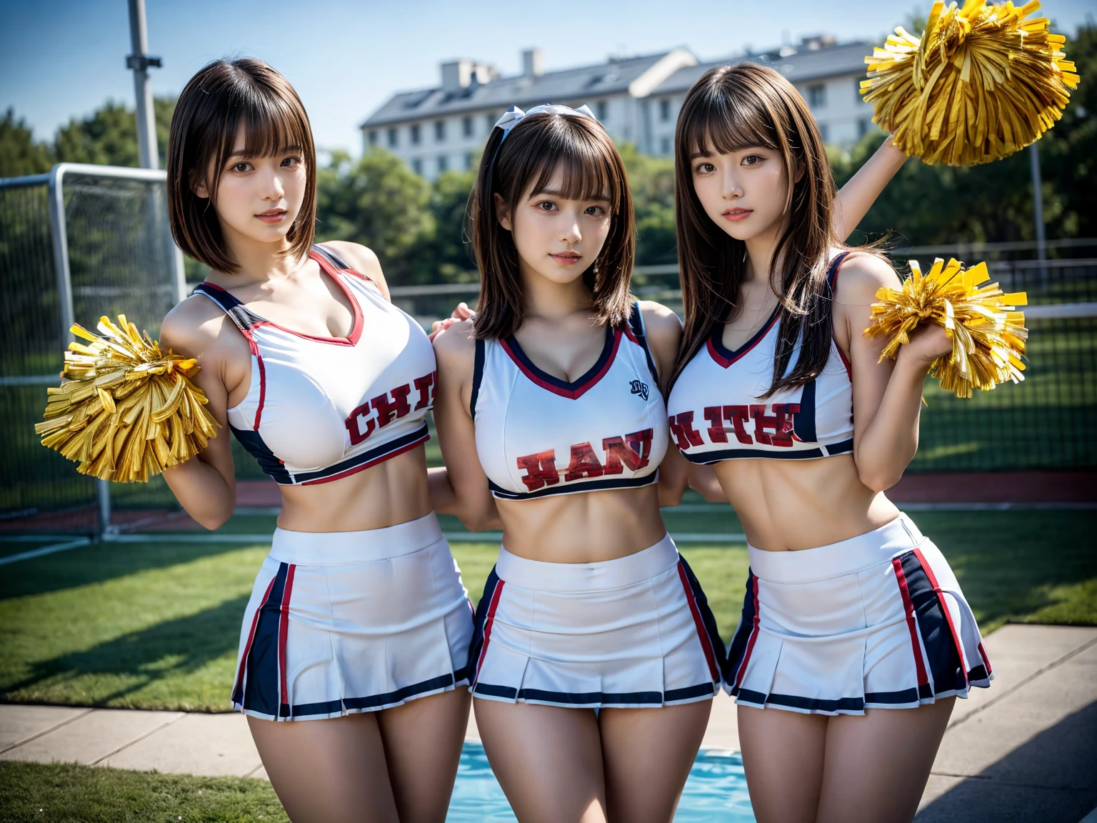 (RAW photo, 4k, masterpiece, high resolution, extremely complex) (realistic: 1.4), cinematic lighting
((2 girls, 2 schoolgirls)),blushing,((innocent)),bright eyes,round eyes,blunt bangs,(short bob hair:1.3),black hair,large breasts,wide hips,Summer Noon, ,Hot, (Best Quality), (Highres), (an Extremely Delicate and Beautiful),(Beautiful 8k face),(Brown eyes),( spectators),(gigantic breasts),(Play with each other,Touching each other's bodies,Touching the body),(cheer girl:1.5),(a miniskirt),(reality),bright lighting,(The background is a luxury hotel room)