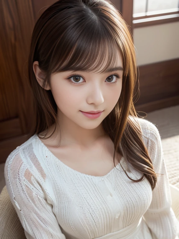 (masterpiece, Highest quality, Very detailed, Best Shadow:1.2), High resolution, ((Cinematic Light)), Hyper Detail, Dramatic Light, Intricate details, Dynamic Angle, (Very detailed CG ユニティ 8k 壁紙:1.2), Shyness, ((masterpiece)), (Very detailed), (Very detailedUnity 8k壁紙), (Realistic Skin), (Realistic photos, Realistic, Photorealistic), Beautiful Japanese Women, Narrow Face, (White knit dress:1.4), Beautiful Hair,Brown Hair, Medium Hair,Beautiful Face, Delicate and beautiful eyes, smile,Beautiful feet, See through,Low angle shot