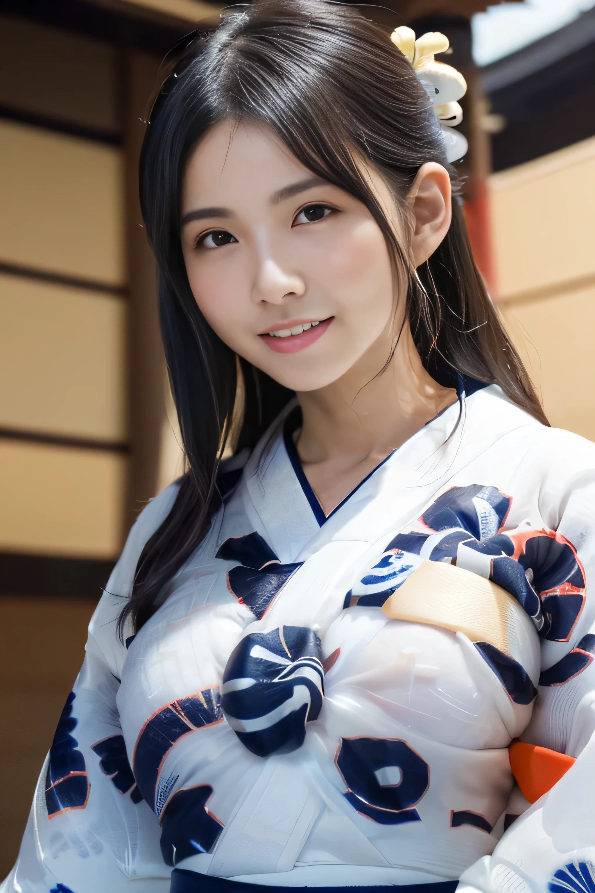 (((A thin, white, see-through yukata:1.4)))、(((Simple obi:1.4))), ((14 years old))、Random Pause、(Highest quality,masterpiece:1.3,Ultra-high resolution,),(Very detailedな,Caustics),(Photorealistic:1.4,RAW shooting,)Ultra-Realistic Capture,Very detailed,High resolution 16K human skin closeup、 Natural skin texture、、Skin tone is even and healthy looking、 Use natural light and colour,1 girl,Japanese,cute,Black-haired,Medium Straight Hair, (((Huge bust:1.4))), smile,,(Written boundary depth、chromatic aberration、、Wide range of lighting、Natural Shading、)、(Kimono with open front),