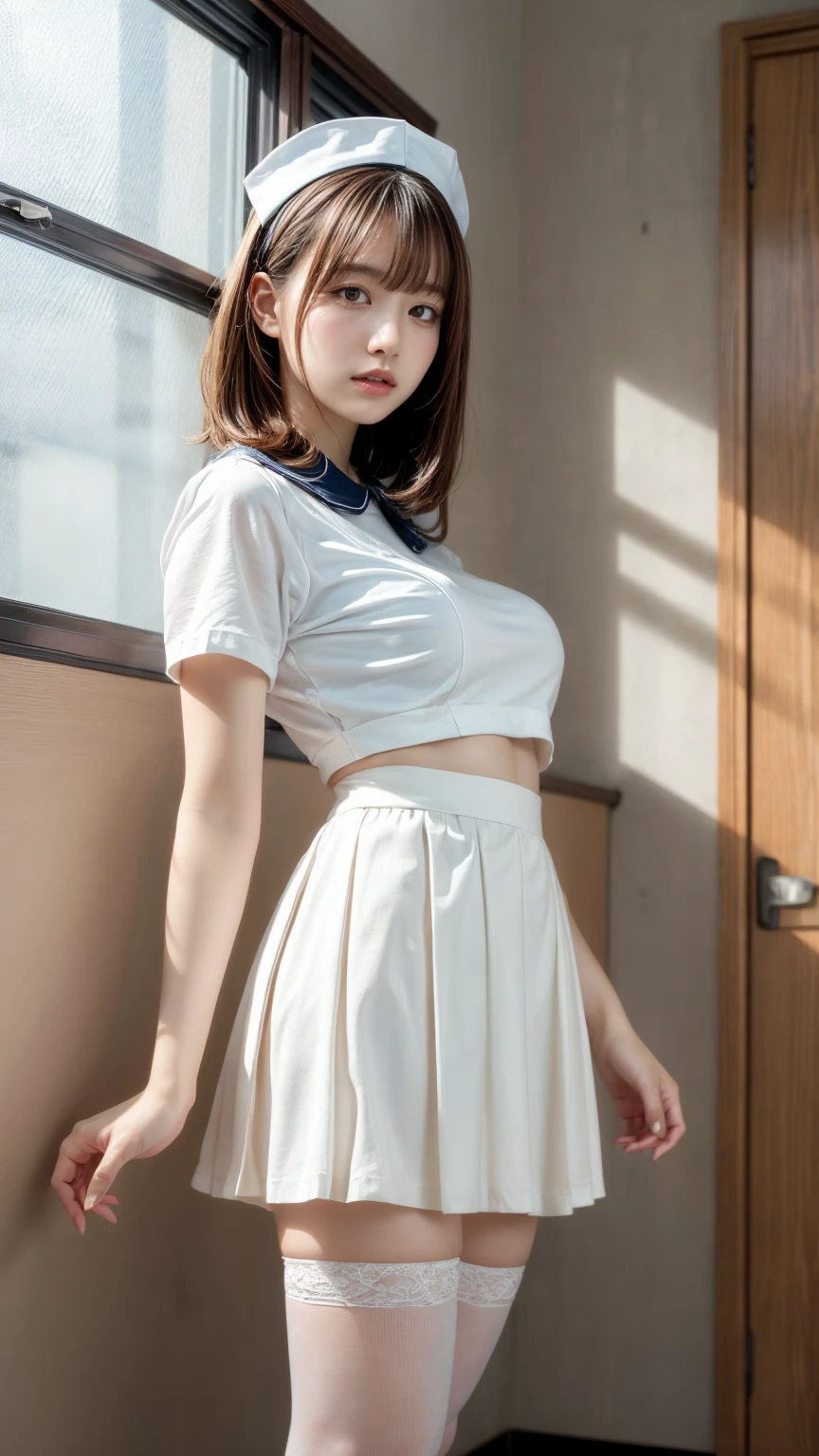 Beautiful Korean Women, Perfect Face, Are thin, Small breasts, Her chest size is 29 inches, naked, Beautiful nipples, White short flared tennis skirt, Thin legs, navy blue collar, Japanese-style room, Standing by the wall, Ultra-high resolution, night