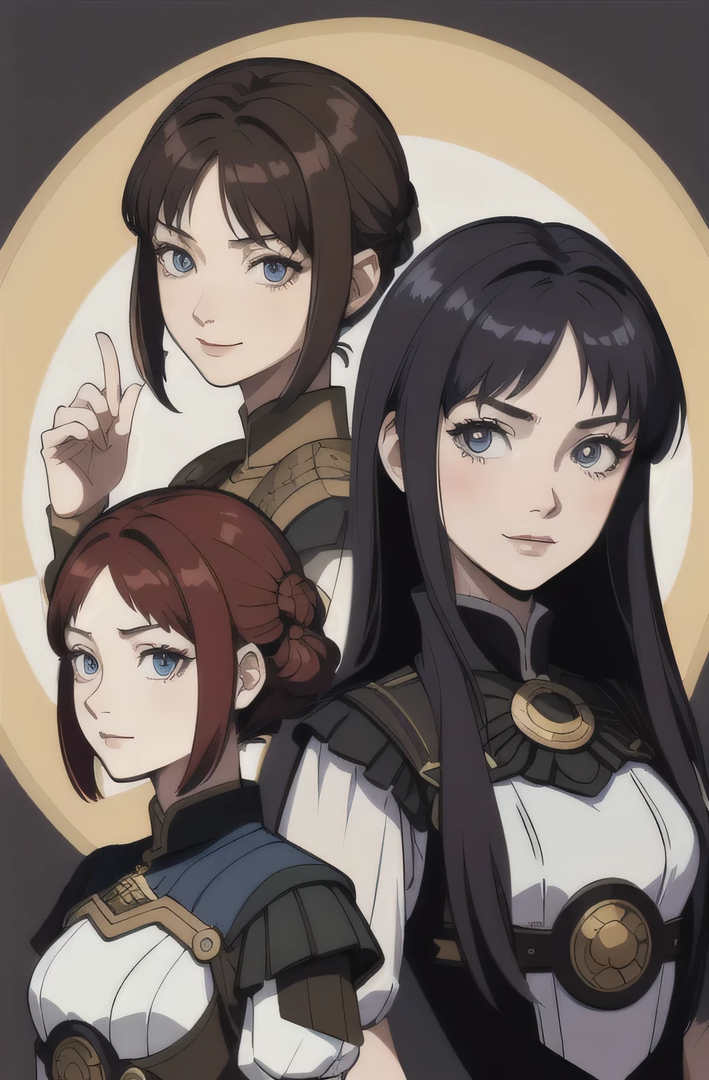 masterpiece, best quality, feMonica, feMonica, looking at the viewer, smile, closed mouth, asian girl, black outline, multiple poses and facial expressions, character mold, brown hair, blue eyes, Asian, different versions of the same character