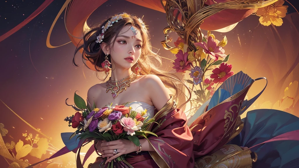 32K, 最高quality, 最高masterpiece, (ultra-Detailed Background, Detailed Background), Absurd, High resolution, Super detailed, Very detailedな, One girl, (bouquet:1.3), (Tangled:1.2), (Geometric:1.2),(colorful),(masterpiece, quality, best quality, Official Art, Beautiful and beautiful:1.2), (1 girl:1.3), Very detailed,(colorful:1.1)(Flowers:1.3),Most detailed,(Tangled:1.2), whole body, (Abstract background:1.3), (Skin glows), (Many colors:1.4), ,(Earrings Jewelry:1.5), Pale Red Background,